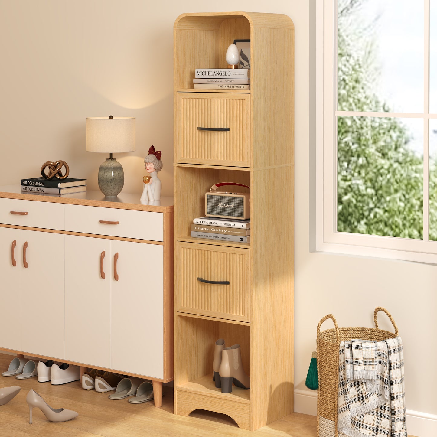 SOLACE FURNITURE 70" Modern Bookshelf with 2 Adjustable Bins, Wooden Bookcase for Office Apartment