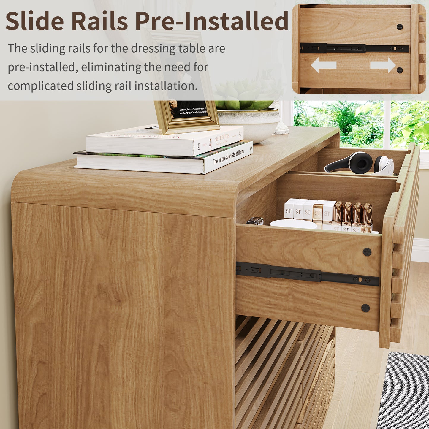 Fluted Dresser for Bedroom, Wide 8 Drawers Dresser, Chests of Drawers with Grille & Curved Design