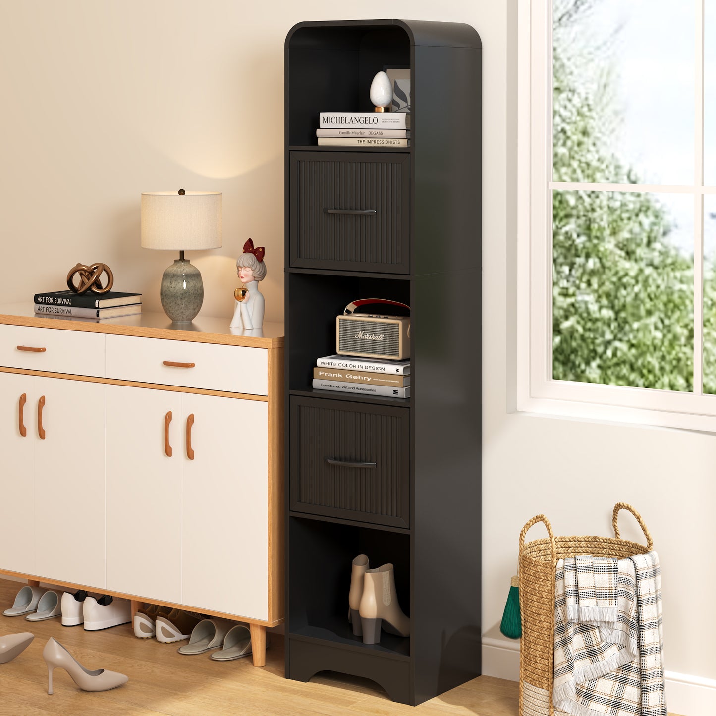 SOLACE FURNITURE 70" Modern Bookshelf with 2 Adjustable Bins, Wooden Bookcase for Office Apartment