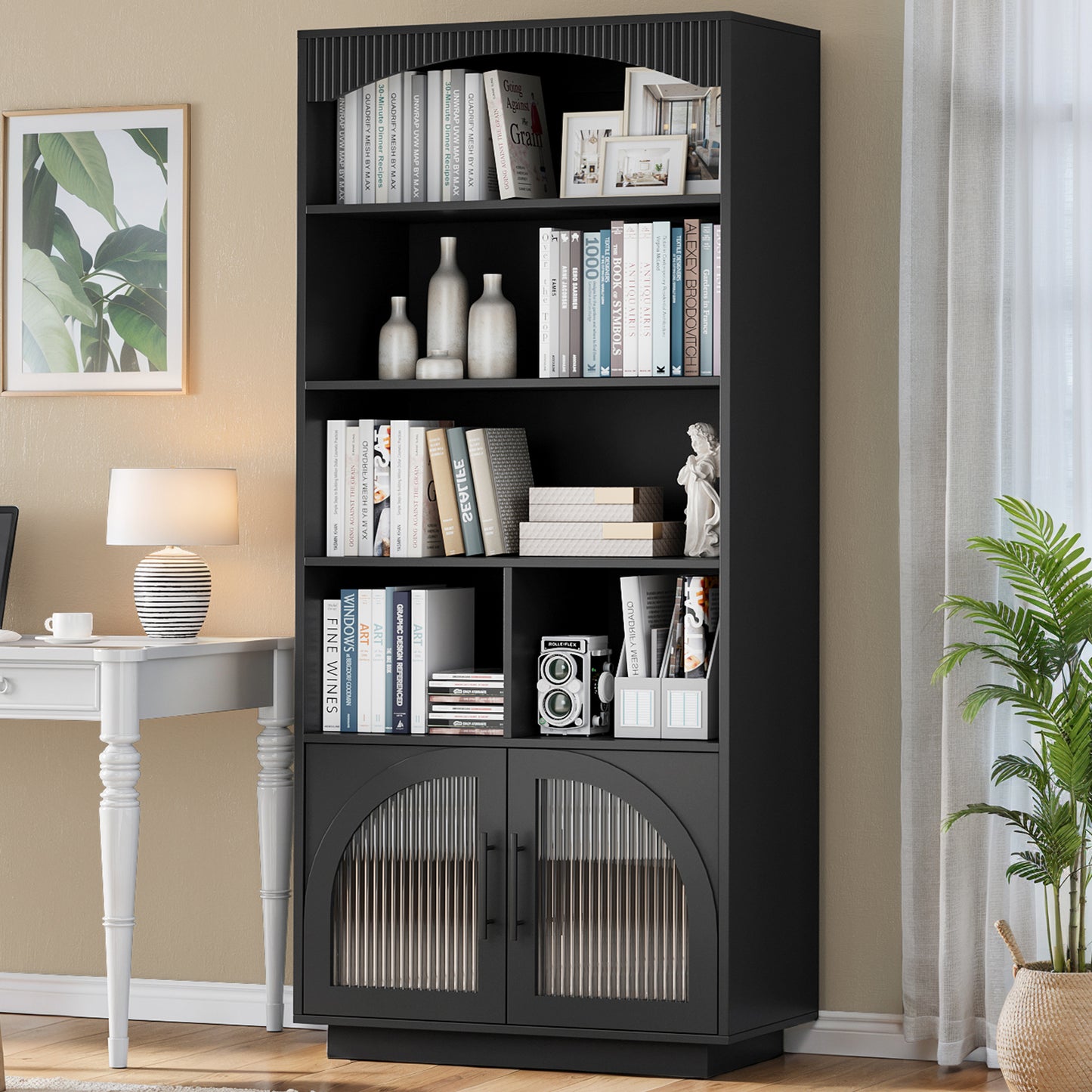 SOLACE FURNITURE 70" Tall Bookshelf, Bookcase with Doors, 5 Tier Bookshelf with Cabinet & Adjustable Shelves