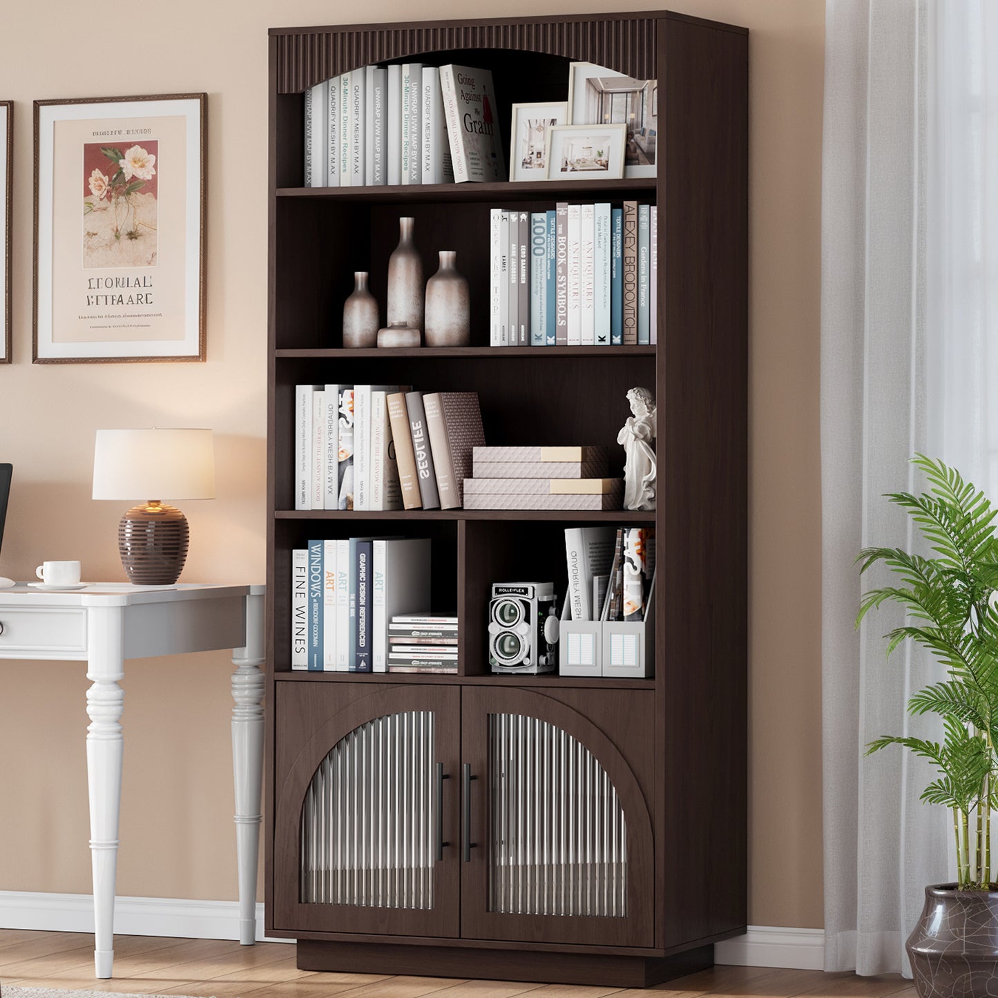 SOLACE FURNITURE 70" Tall Bookshelf, Bookcase with Doors, 5 Tier Bookshelf with Cabinet & Adjustable Shelves