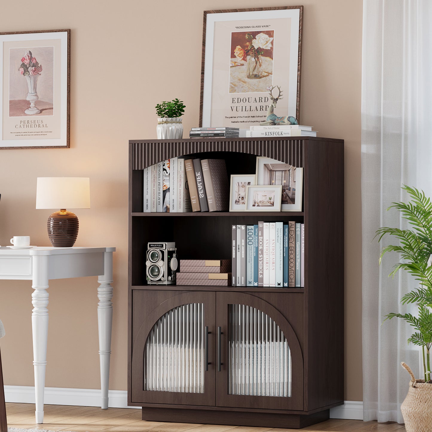 SOLACE FURNITURE 46" Bookshelf with Doors, Black Bookcase with Glass Door, 3 Tier Small Bookshelf