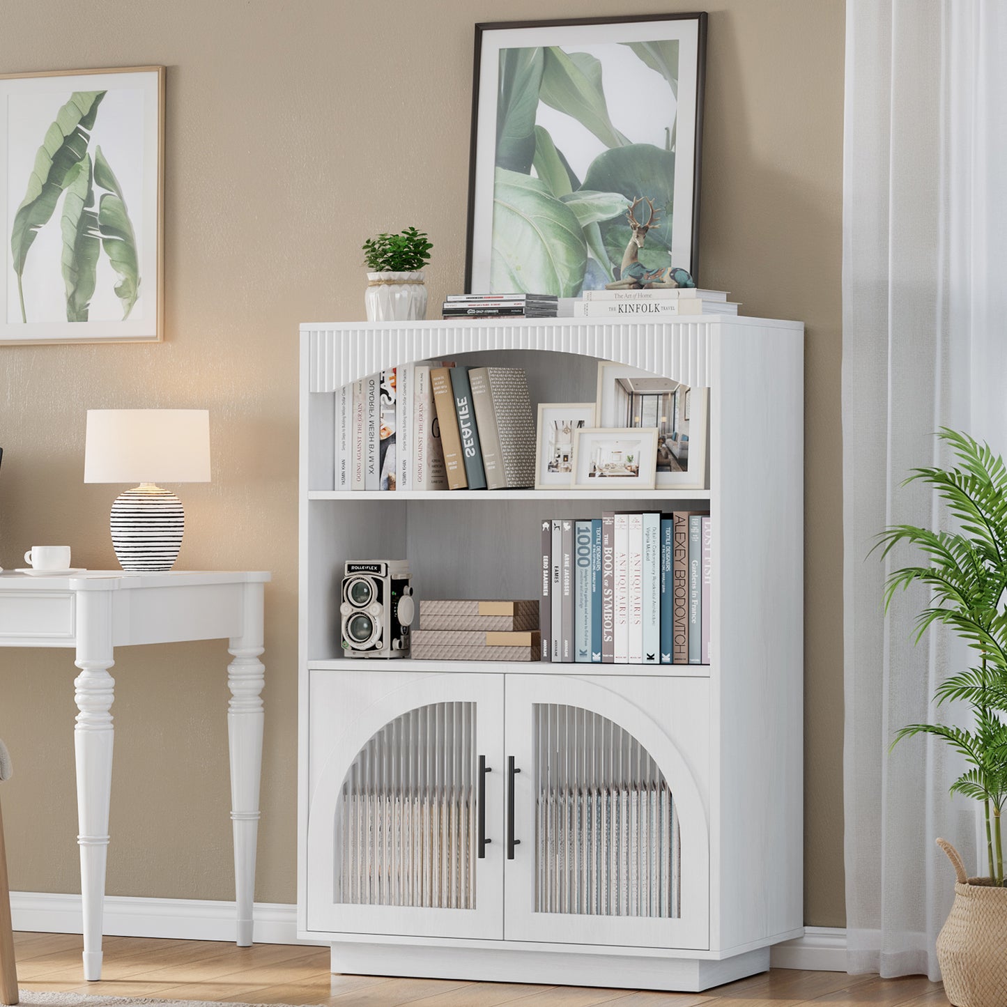 SOLACE FURNITURE 46" Bookshelf with Doors, Black Bookcase with Glass Door, 3 Tier Small Bookshelf