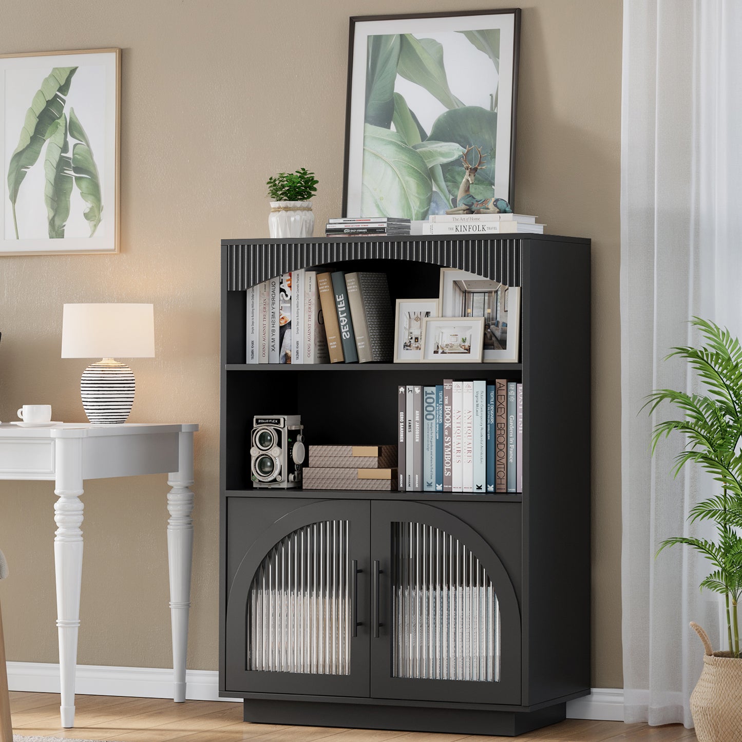SOLACE FURNITURE 46" Bookshelf with Doors, Black Bookcase with Glass Door, 3 Tier Small Bookshelf