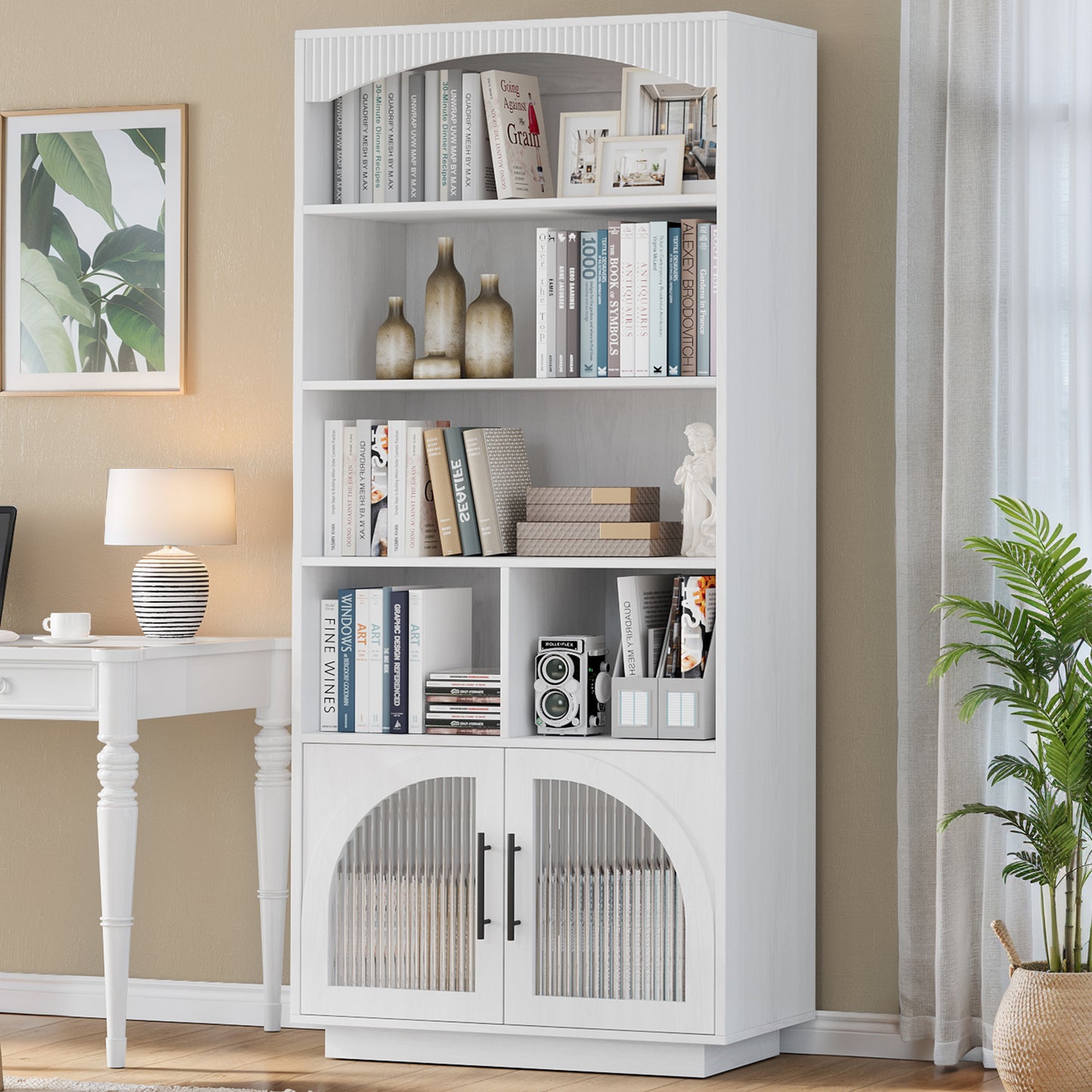 SOLACE FURNITURE 70" Tall Bookshelf, Bookcase with Doors, 5 Tier Bookshelf with Cabinet & Adjustable Shelves