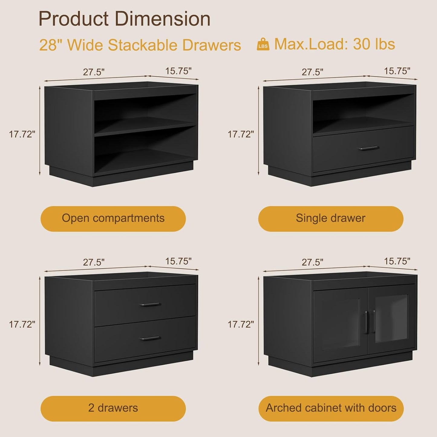 Stackable Storage Drawers, 28" Wide Storage Bins with 2 Doors for Closet Organizers