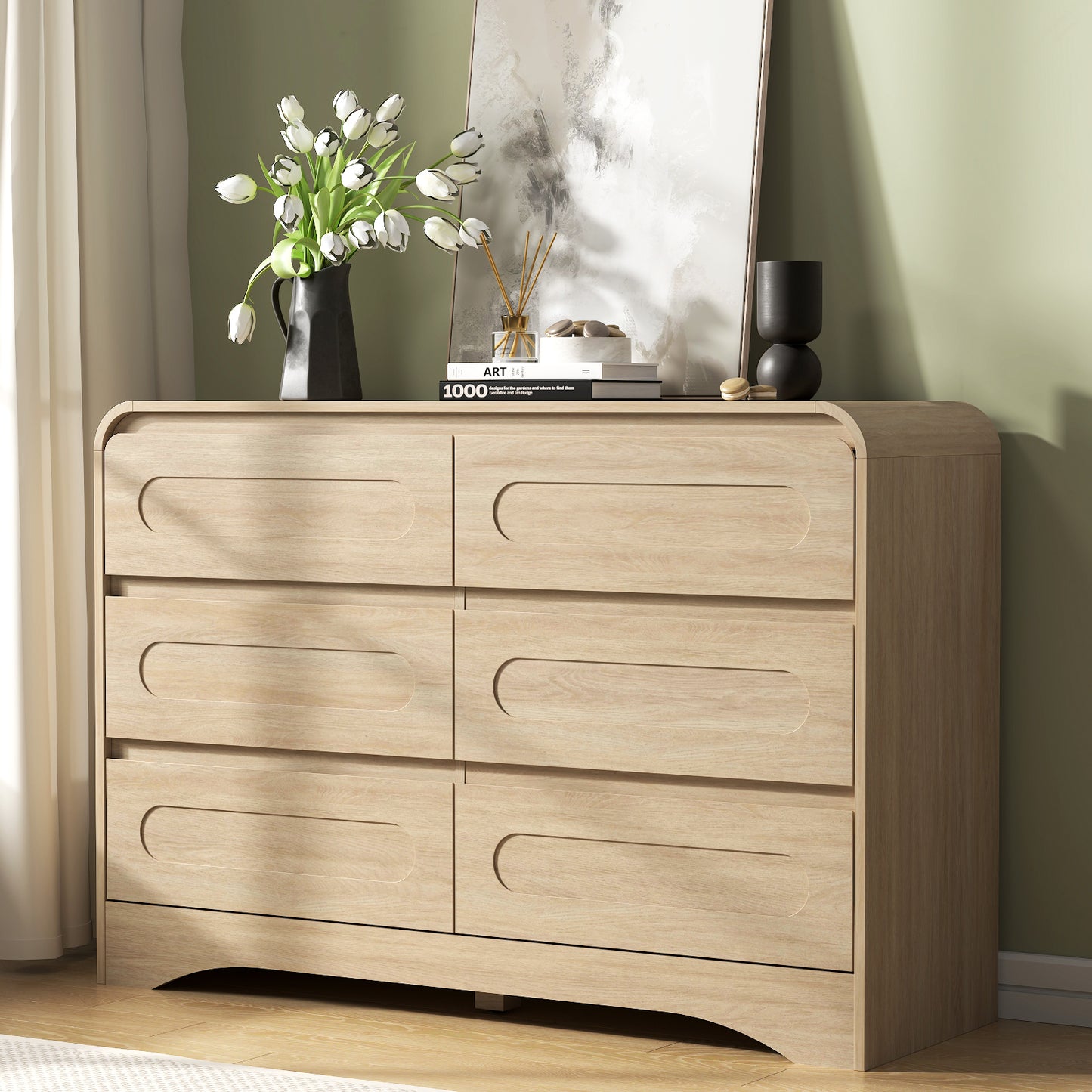SOLACE FURNITURE 47" Wide 6 Drawers Dressers, Dresser Curved  Profile Design for Bedroom