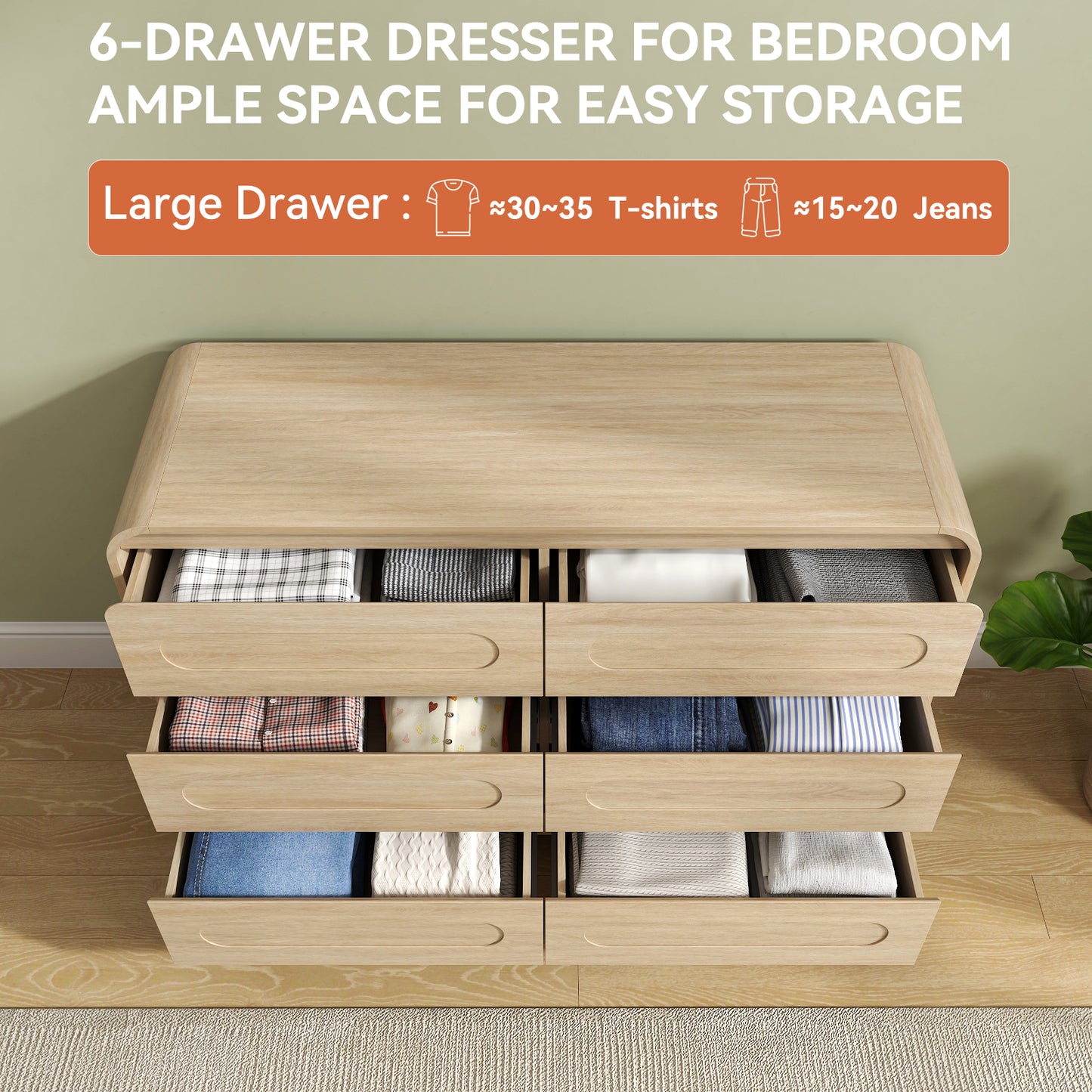 SOLACE FURNITURE 47" Wide 6 Drawers Dressers, Dresser Curved  Profile Design for Bedroom