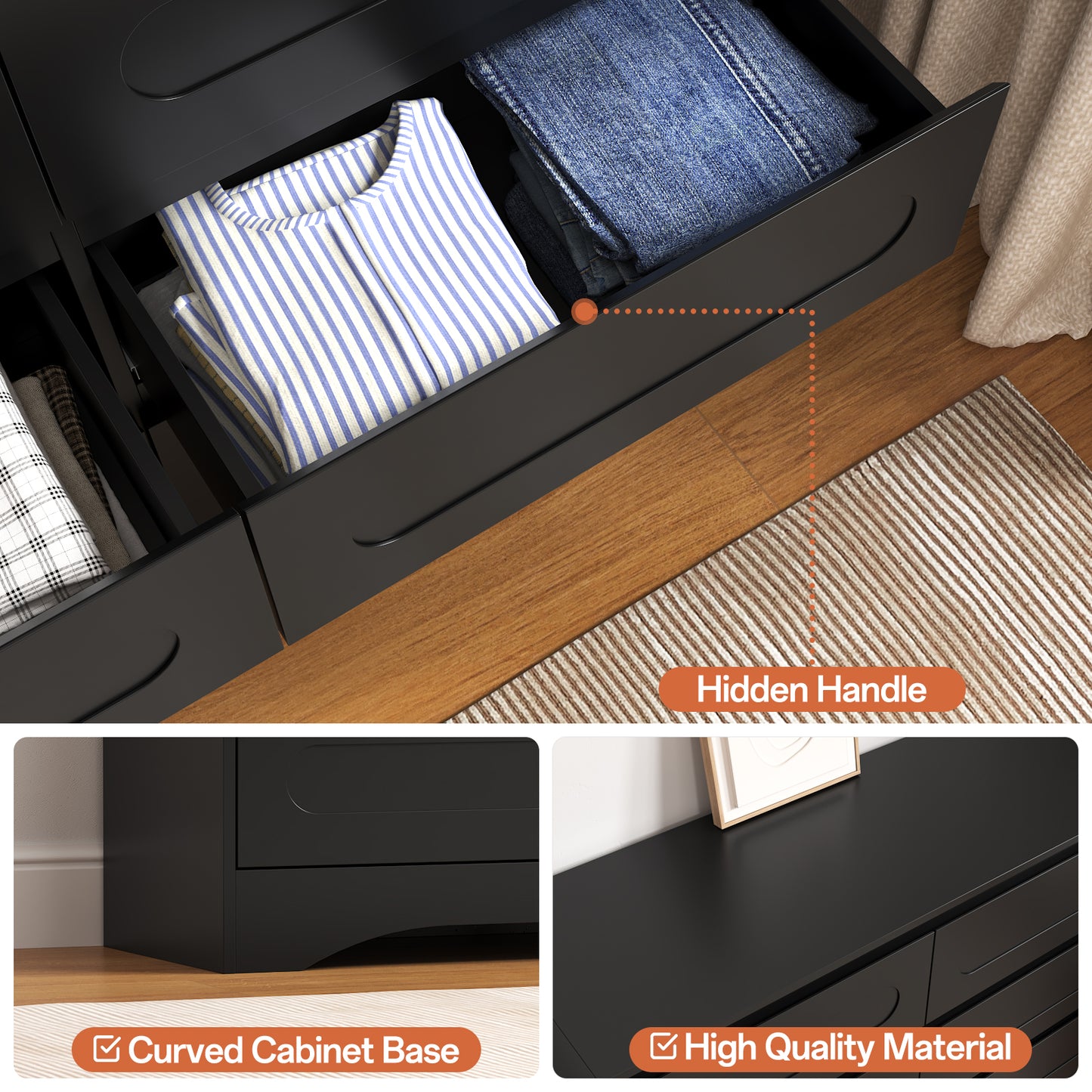 SOLACE FURNITURE 47" Wide 6 Drawers Dressers, Dresser Curved  Profile Design for Bedroom