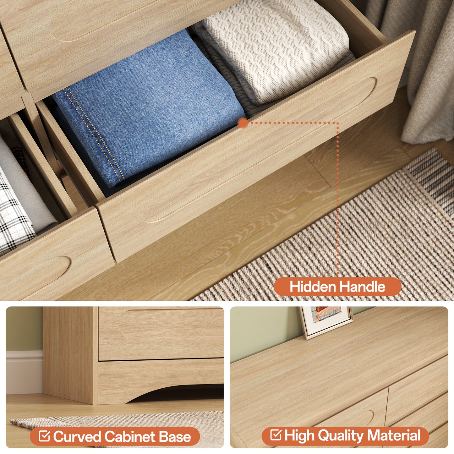 SOLACE FURNITURE 47" Wide 6 Drawers Dressers, Dresser Curved  Profile Design for Bedroom