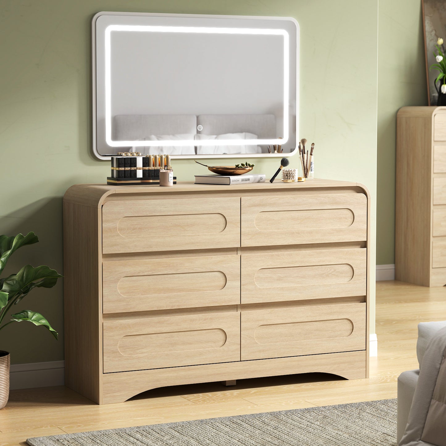 SOLACE FURNITURE 47" Wide 6 Drawers Dressers, Dresser Curved  Profile Design for Bedroom
