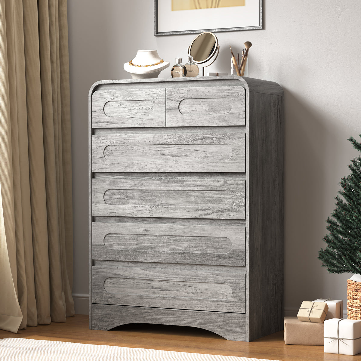 SOLACE FURNITURE 44" Tall 6 Drawers Chest, Modern Wooed Closet Storage Dressers for Bedroom