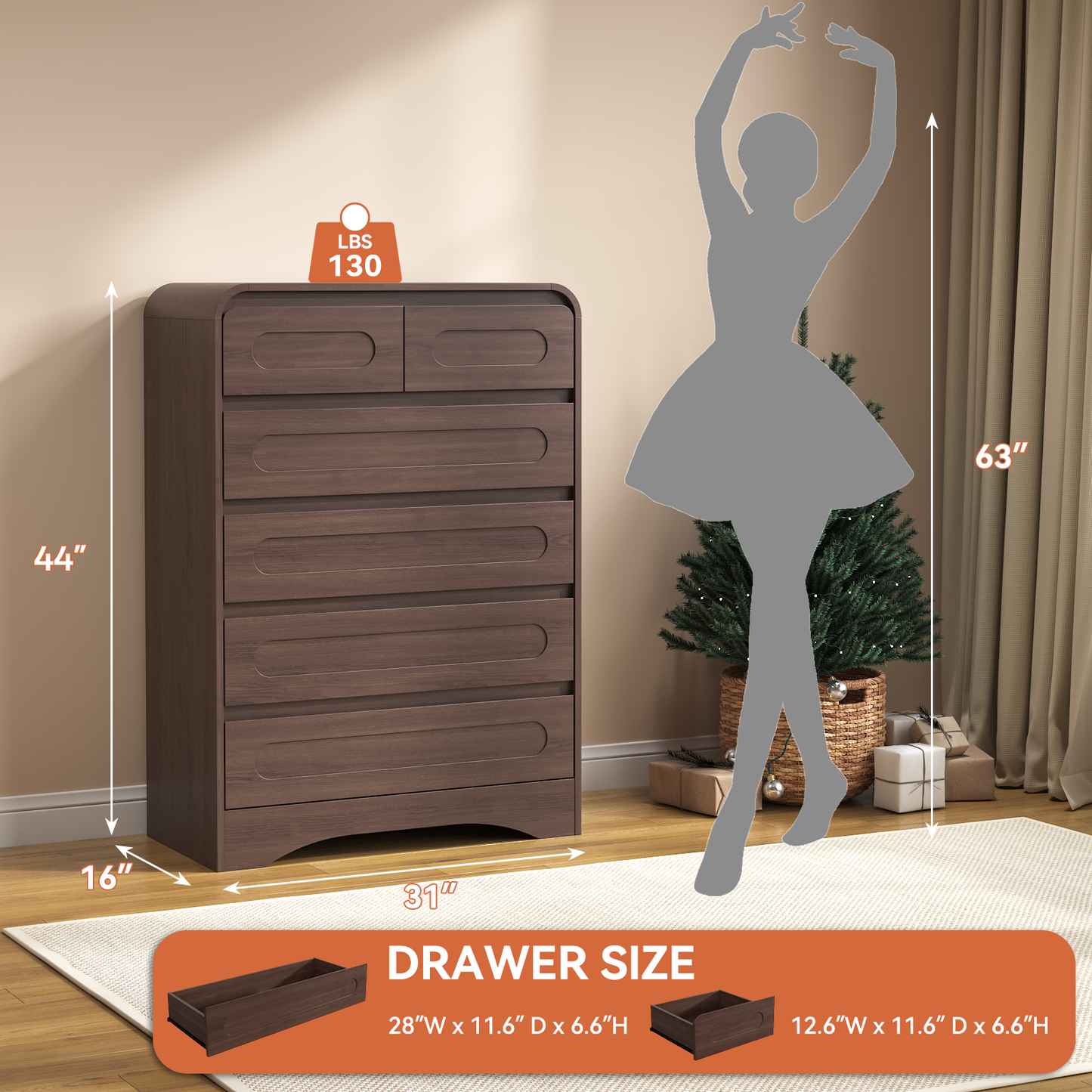 SOLACE FURNITURE 44" Tall 6 Drawers Chest, Modern Wooed Closet Storage Dressers for Bedroom