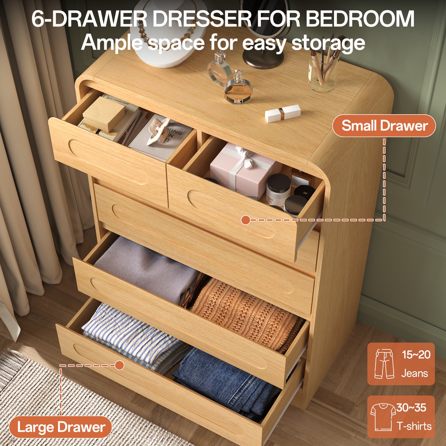 SOLACE FURNITURE 44" Tall 6 Drawers Chest, Modern Wooed Closet Storage Dressers for Bedroom