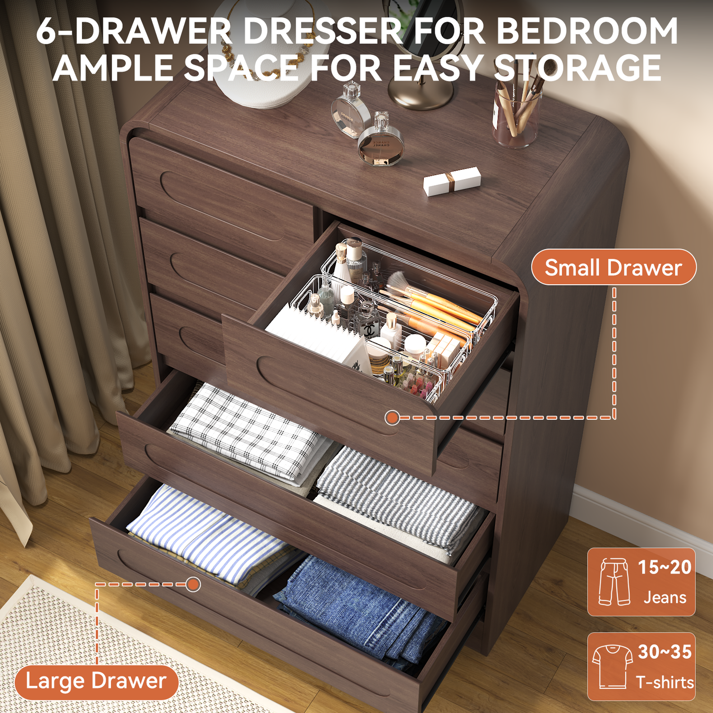 SOLACE FURNITURE 44" Tall 6 Drawers Chest, Modern Wooed Closet Storage Dressers for Bedroom