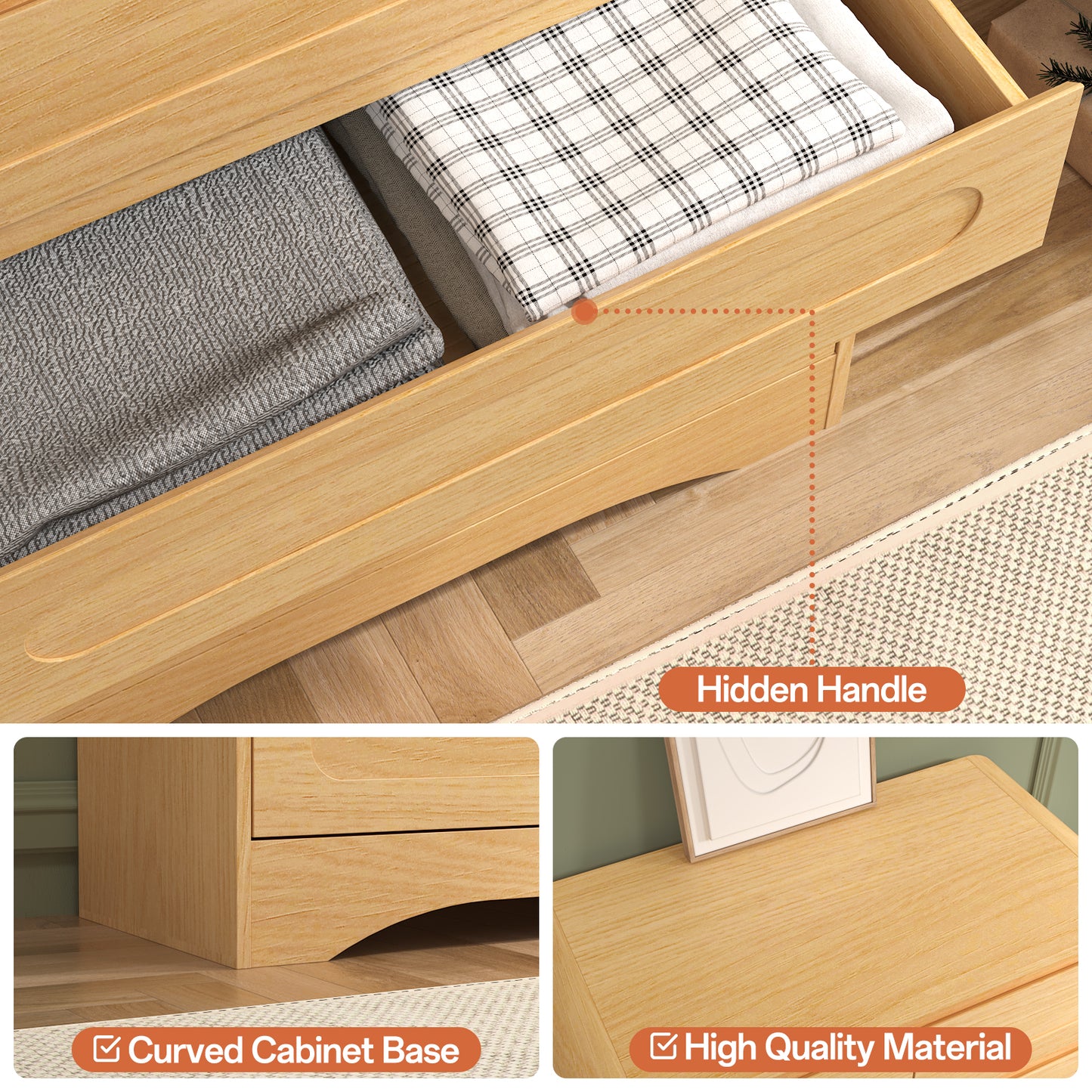 SOLACE FURNITURE 44" Tall 6 Drawers Chest, Modern Wooed Closet Storage Dressers for Bedroom