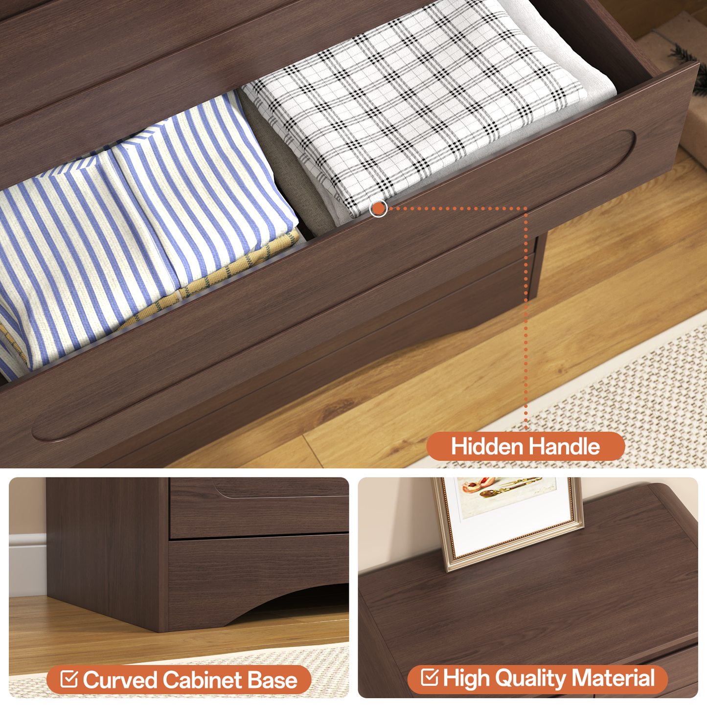 SOLACE FURNITURE 44" Tall 6 Drawers Chest, Modern Wooed Closet Storage Dressers for Bedroom