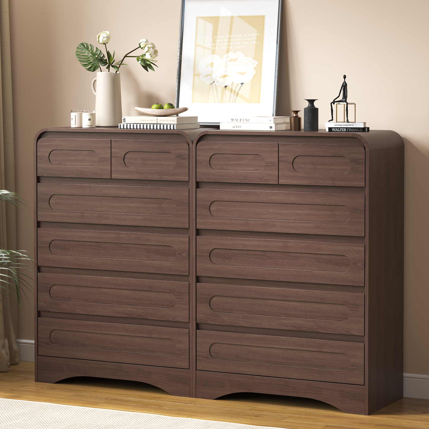 SOLACE FURNITURE 44" Tall 6 Drawers Chest, Modern Wooed Closet Storage Dressers for Bedroom