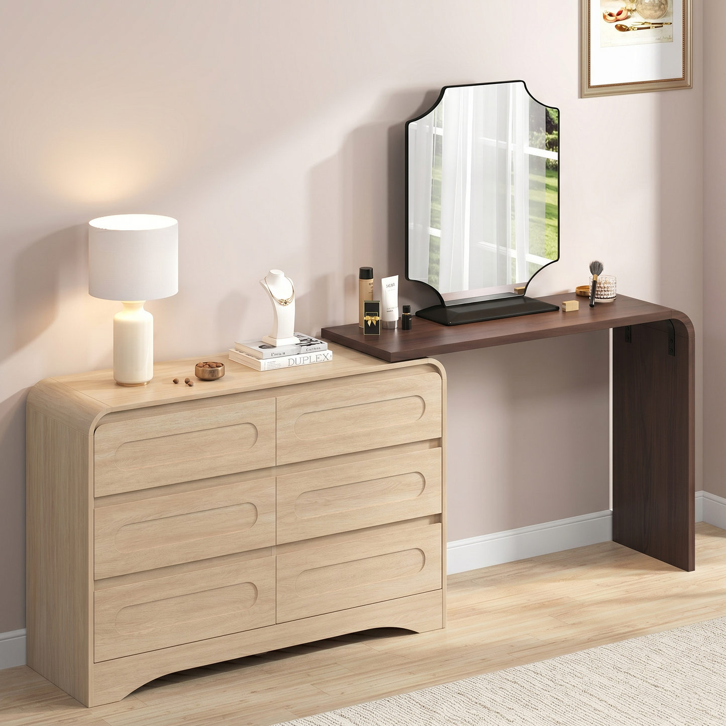 Modern 6 Storage Drawers Dresser with Convertible Vanity Desk