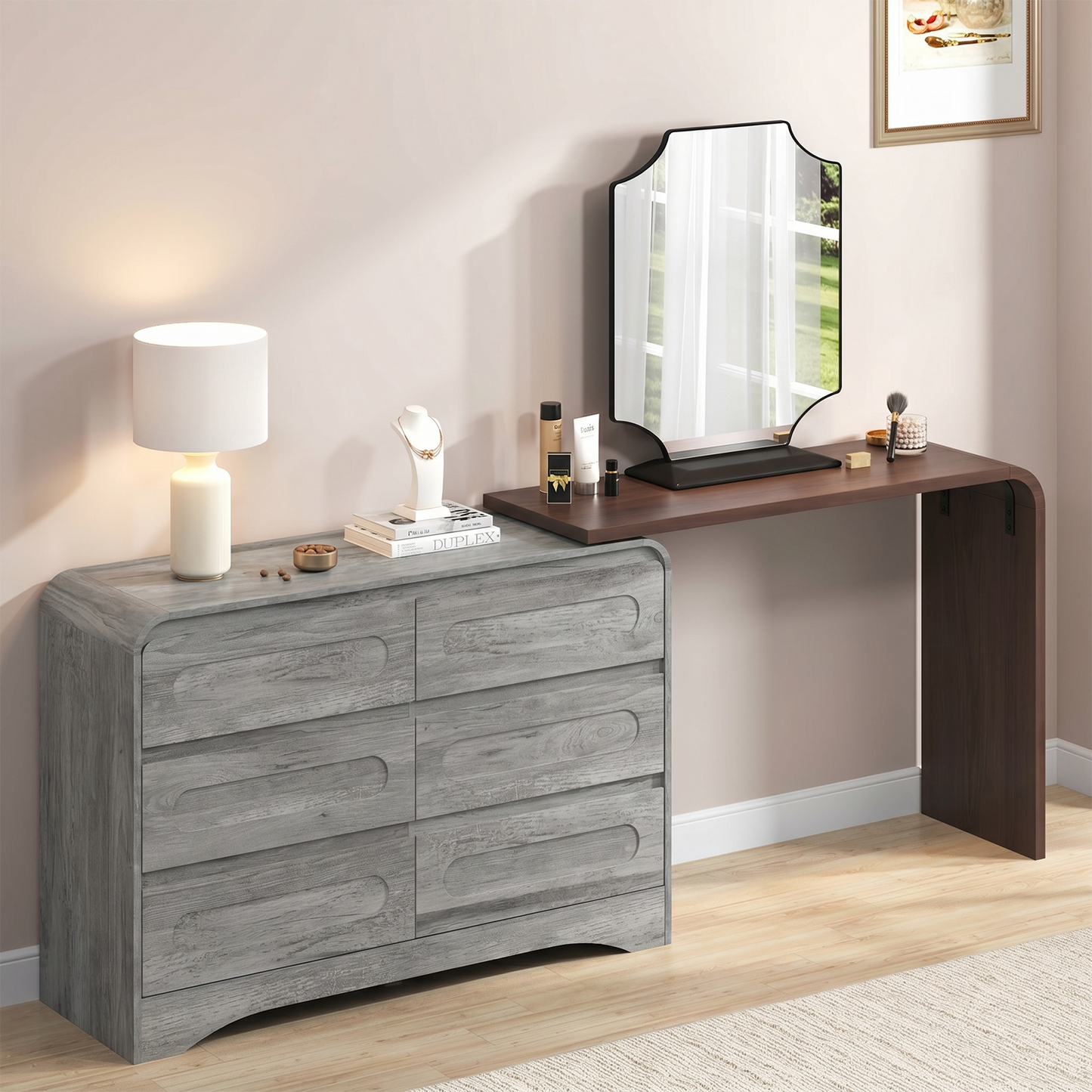 Modern 6 Storage Drawers Dresser with Convertible Vanity Desk