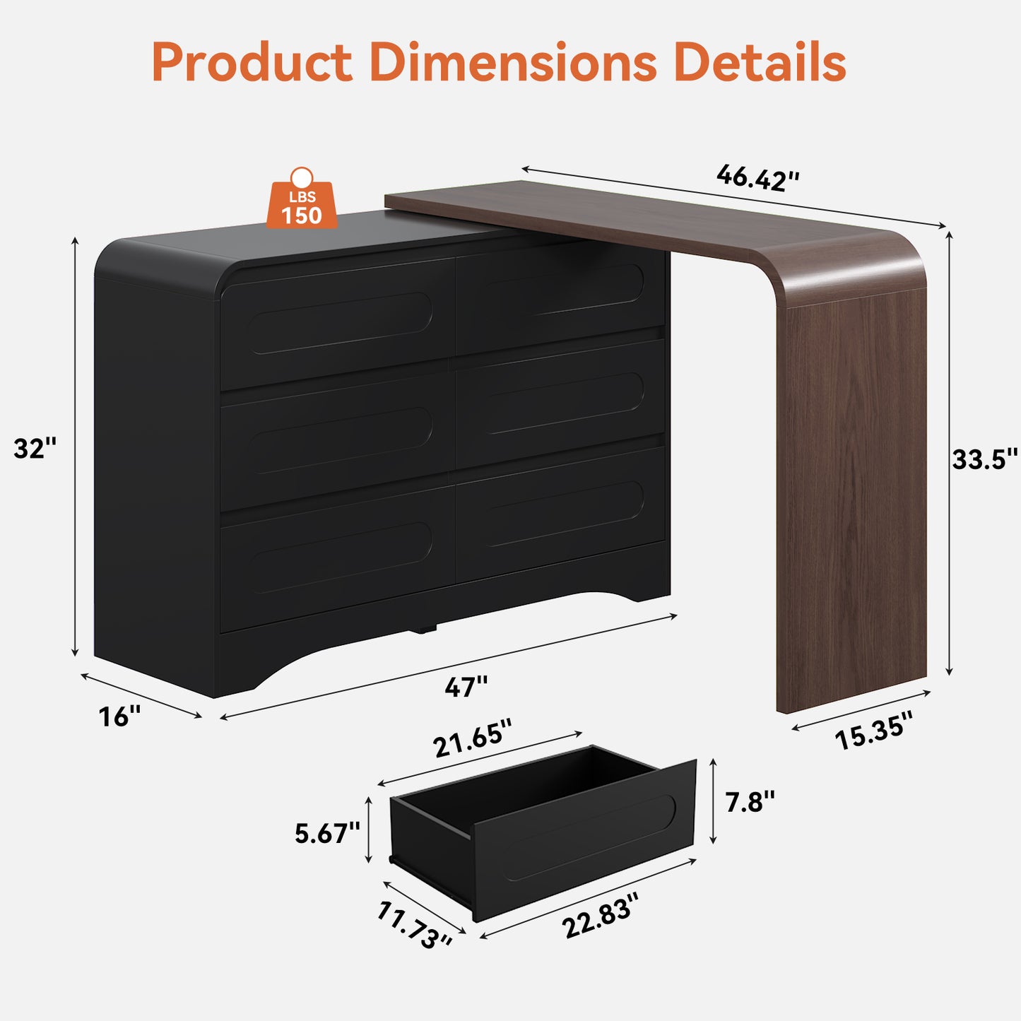 Modern 6 Storage Drawers Dresser with Convertible Vanity Desk