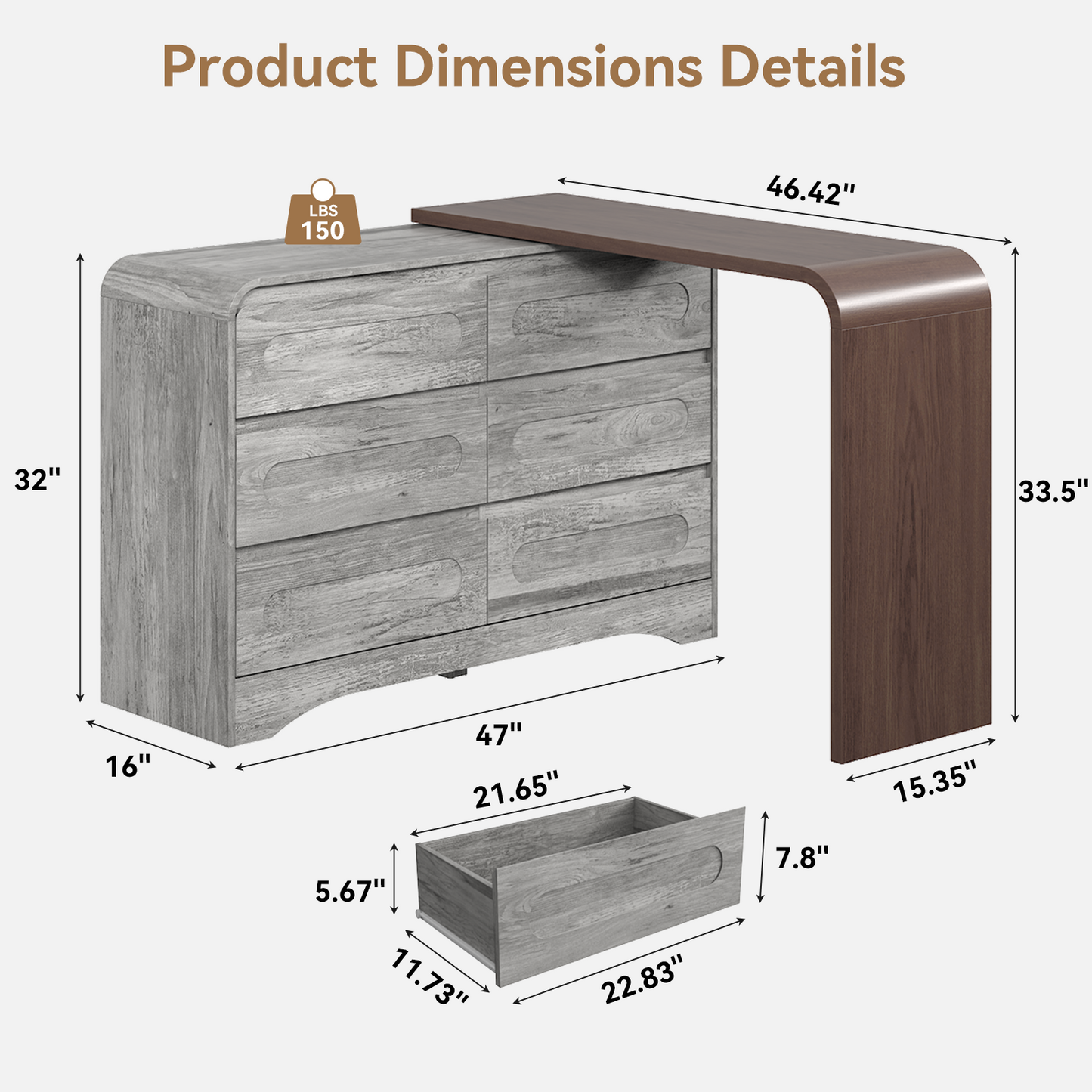 Modern 6 Storage Drawers Dresser with Convertible Vanity Desk