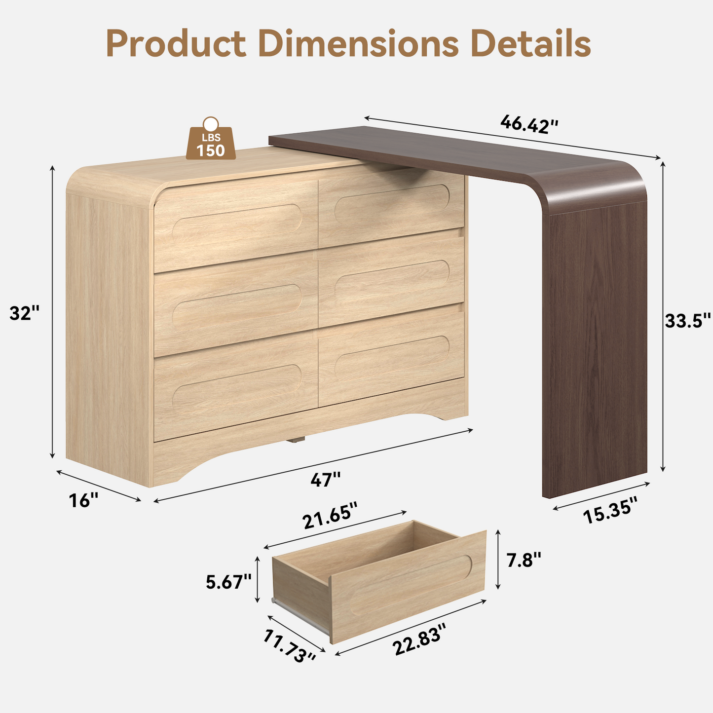 Modern 6 Storage Drawers Dresser with Convertible Vanity Desk