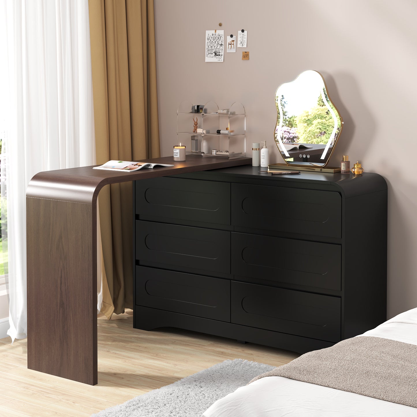 Modern 6 Storage Drawers Dresser with Convertible Vanity Desk