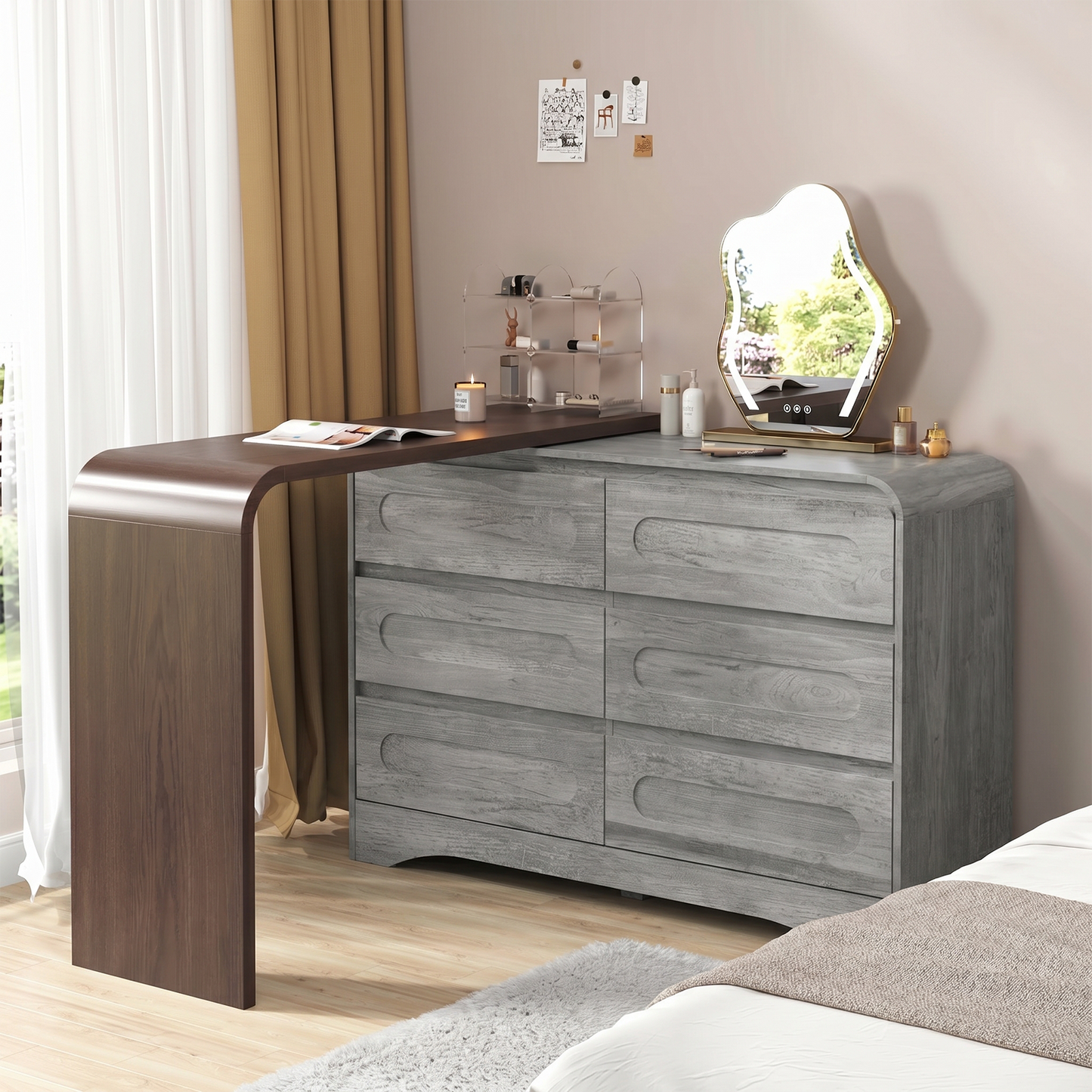 Modern 6 Storage Drawers Dresser with Convertible Vanity Desk
