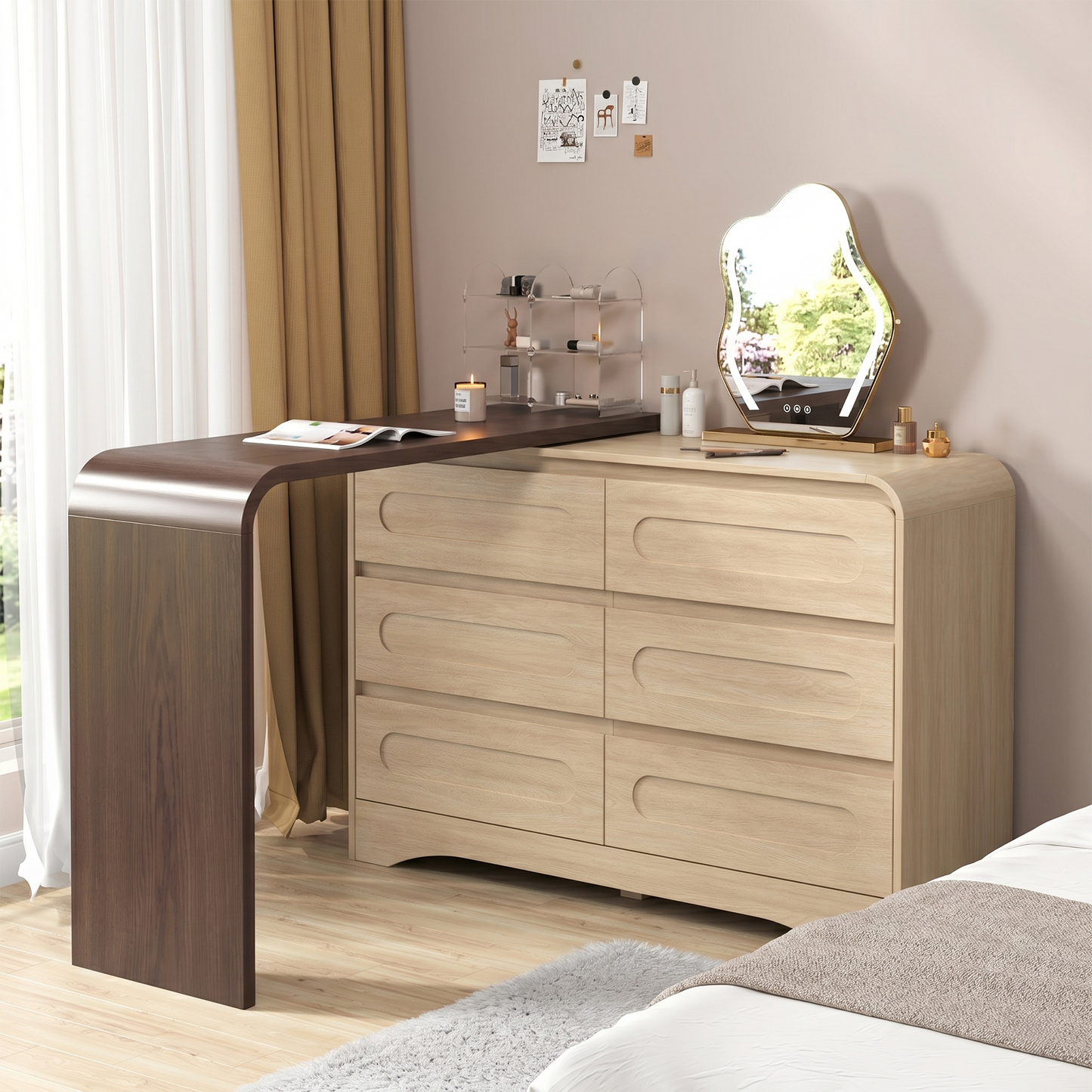 Modern 6 Storage Drawers Dresser with Convertible Vanity Desk