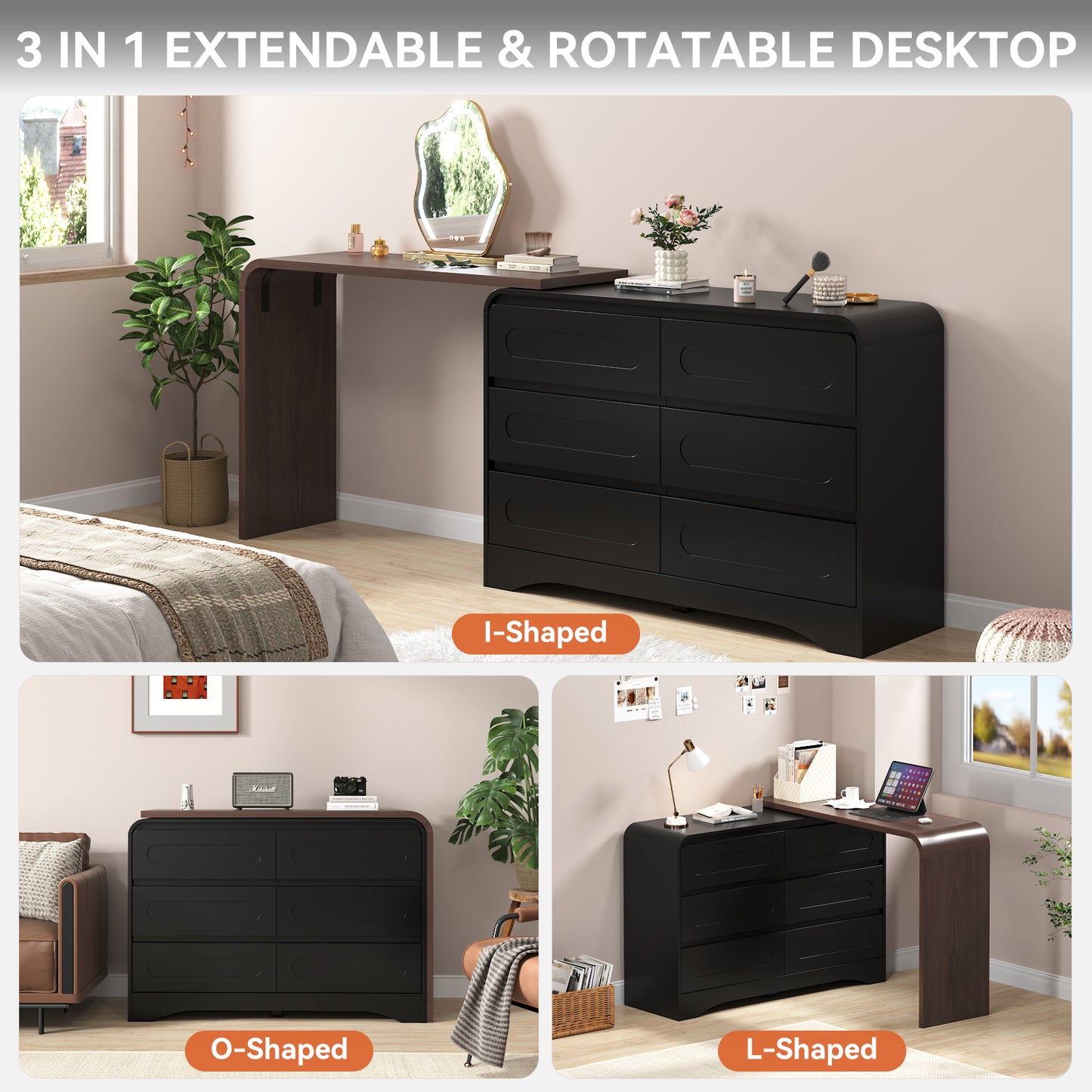 Modern 6 Storage Drawers Dresser with Convertible Vanity Desk