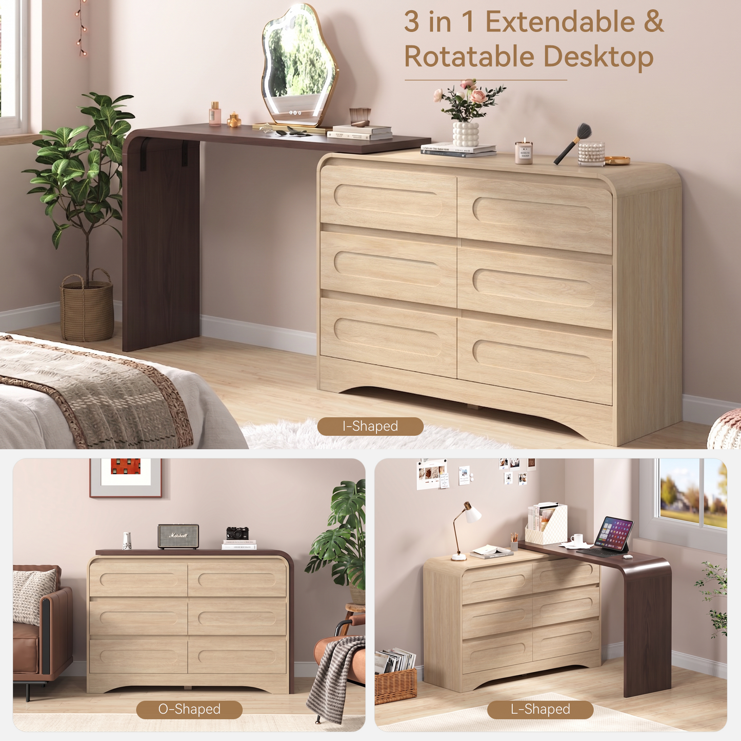 Modern 6 Storage Drawers Dresser with Convertible Vanity Desk