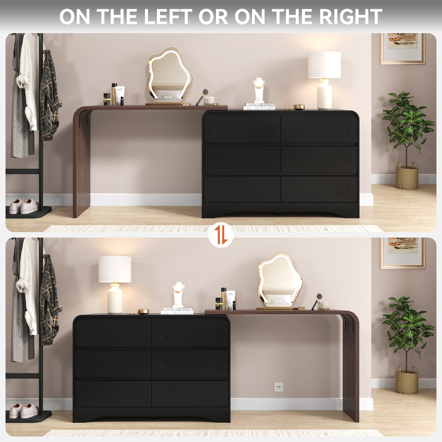 Modern 6 Storage Drawers Dresser with Convertible Vanity Desk