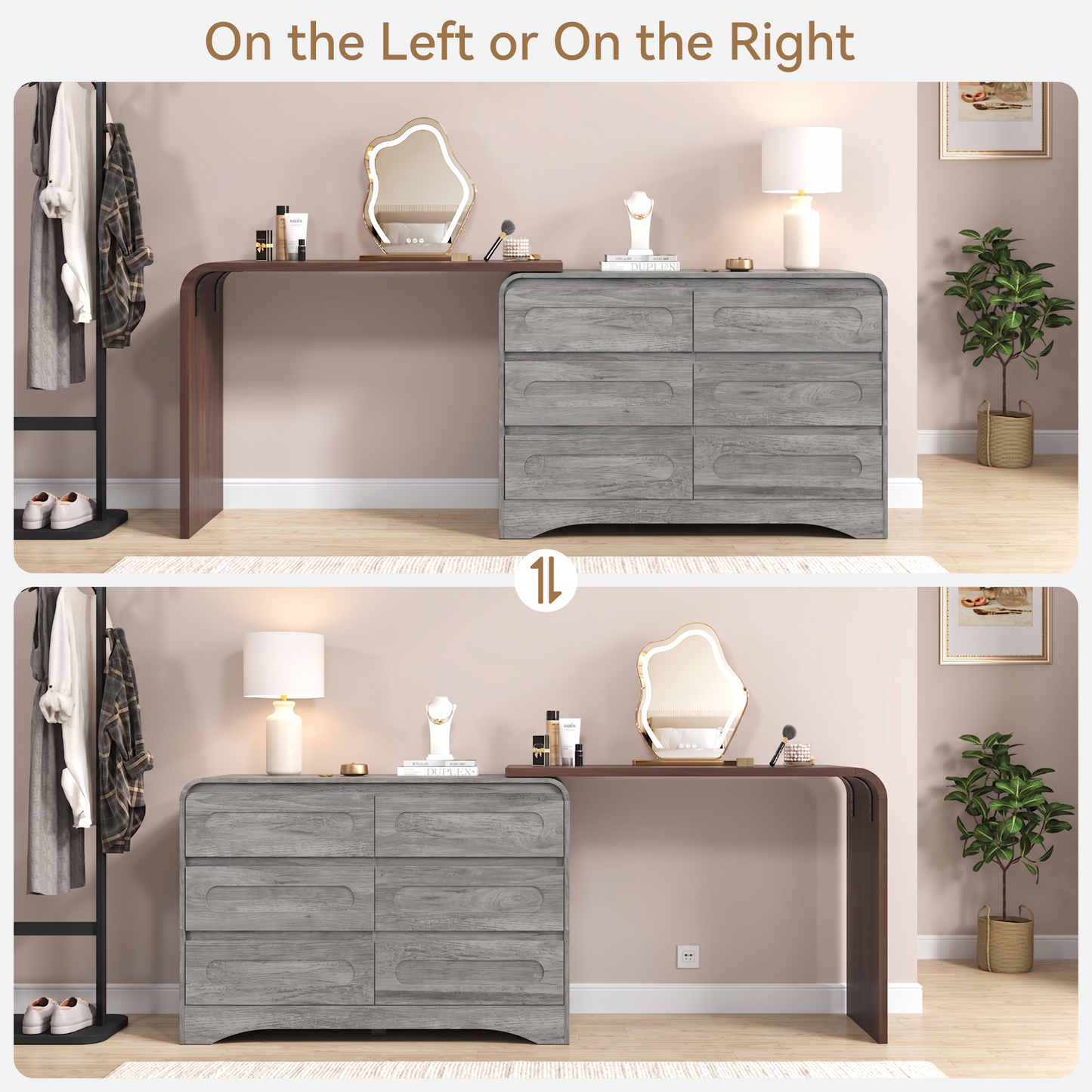 Modern 6 Storage Drawers Dresser with Convertible Vanity Desk
