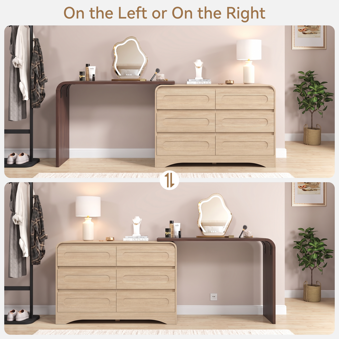 Modern 6 Storage Drawers Dresser with Convertible Vanity Desk