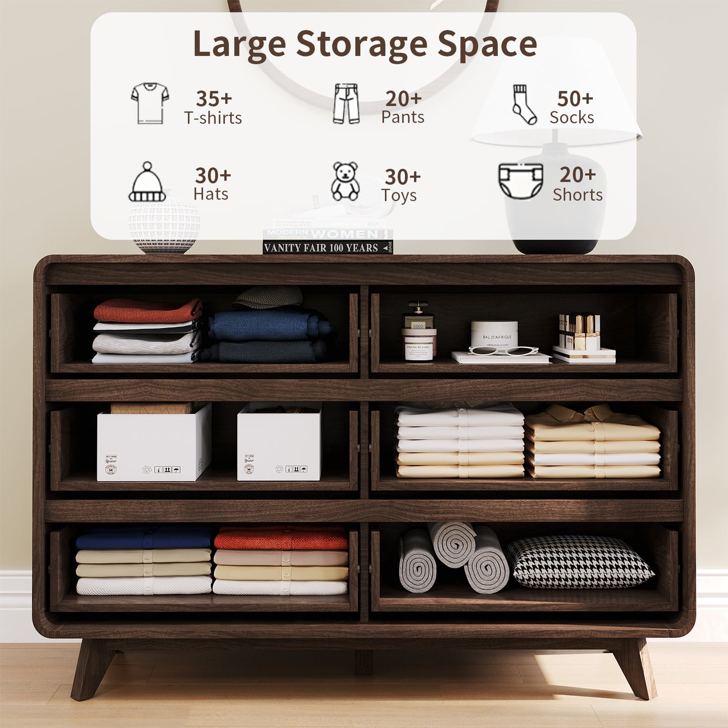 Fluted Dresser for Bedroom, Wide 6 Drawers Dresser, Chests of Drawers with Grille