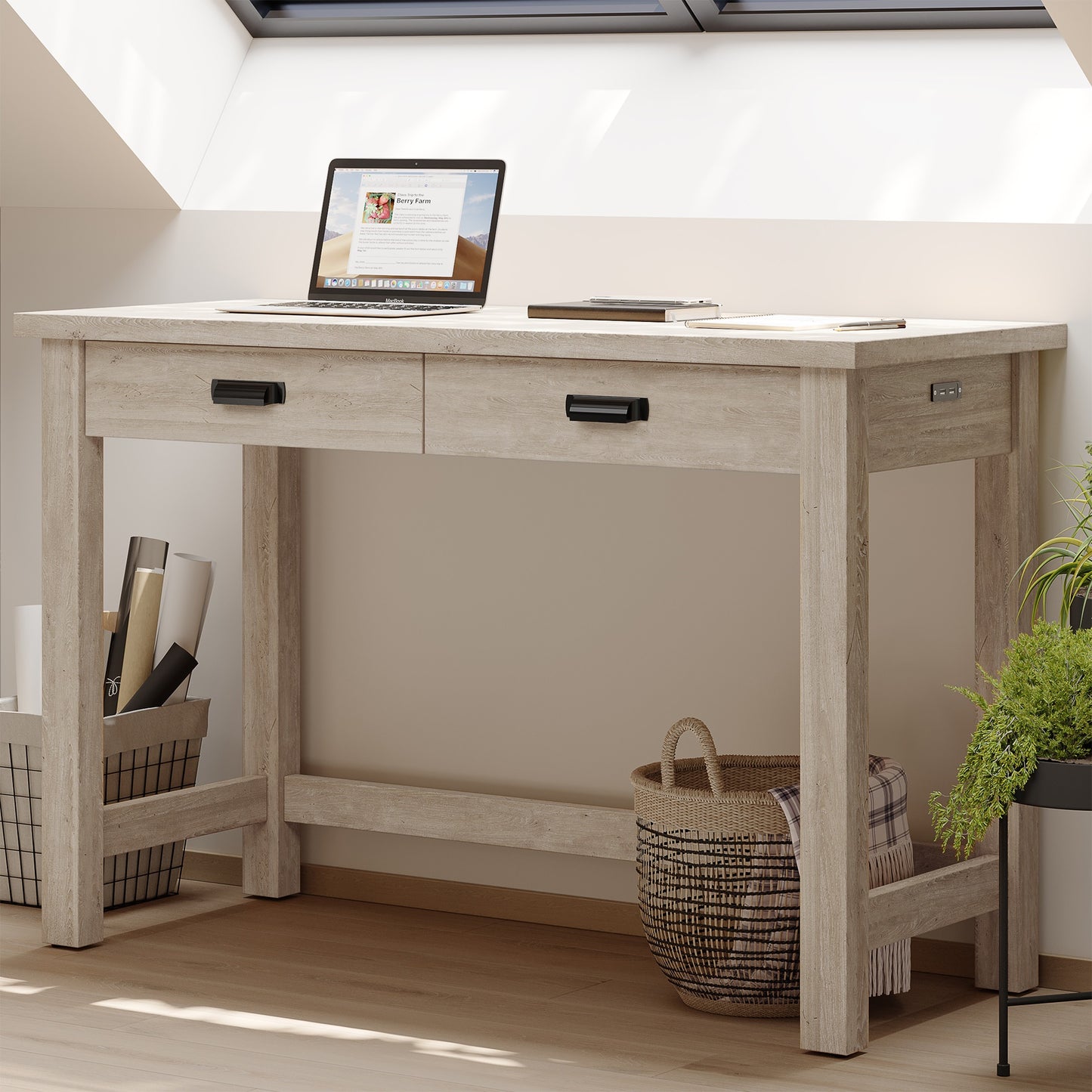 Rustic Farmhouse Office Desk - 2 Spacious Drawers, Bin-Style Pulls, Pre-Assembled Drawer Box, Adjustable Levelers, Natural Oak Finish