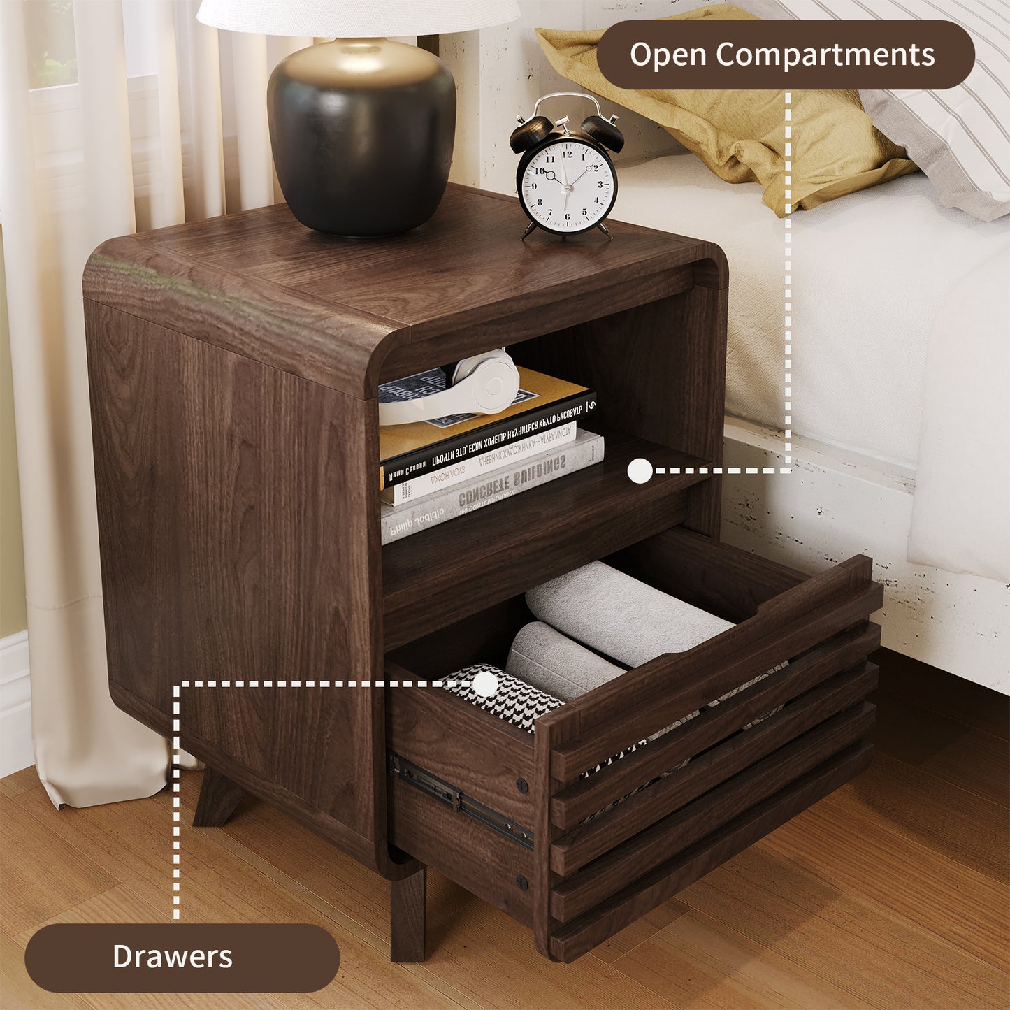 SOLACE FURNITURE Nightstand with Drawer Storage Grille Bed Side Table