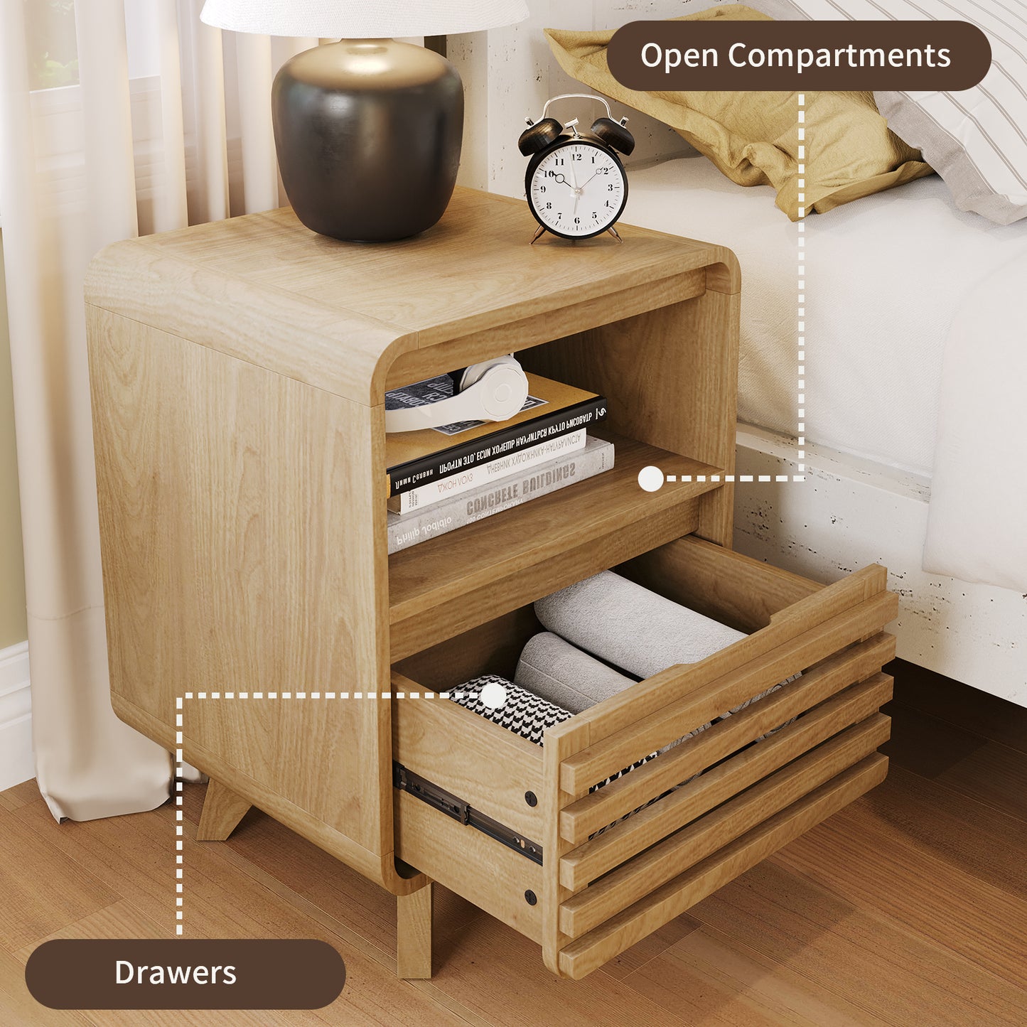 SOLACE FURNITURE Nightstand with Drawer Storage Grille Bed Side Table