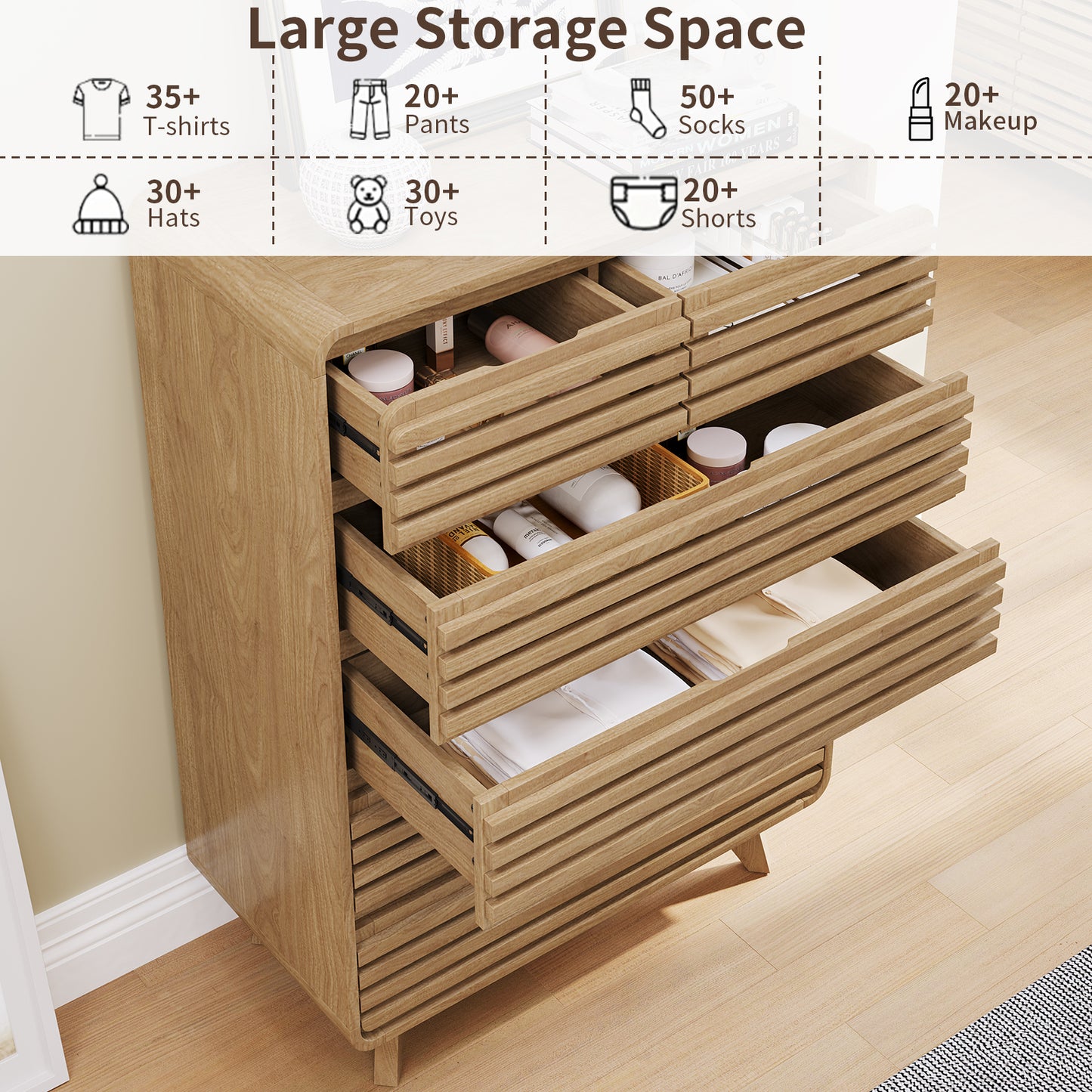 SOLACE FURNITURE Tall Dresser with 6 Drawers, Chests of Drawers with Grille & Curved Design