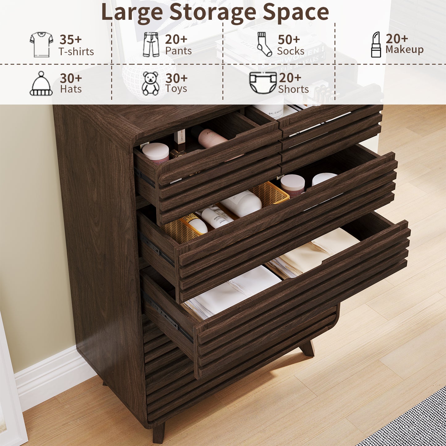 SOLACE FURNITURE Tall Dresser with 6 Drawers, Chests of Drawers with Grille & Curved Design