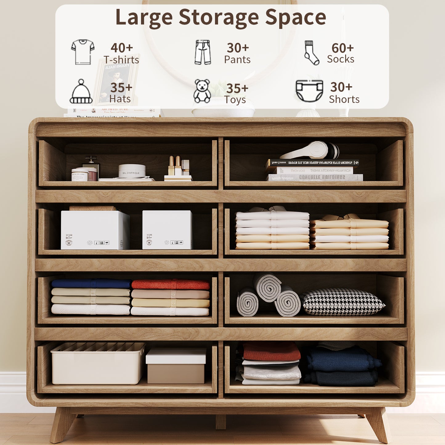 Fluted Dresser for Bedroom, Wide 8 Drawers Dresser, Chests of Drawers with Grille & Curved Design
