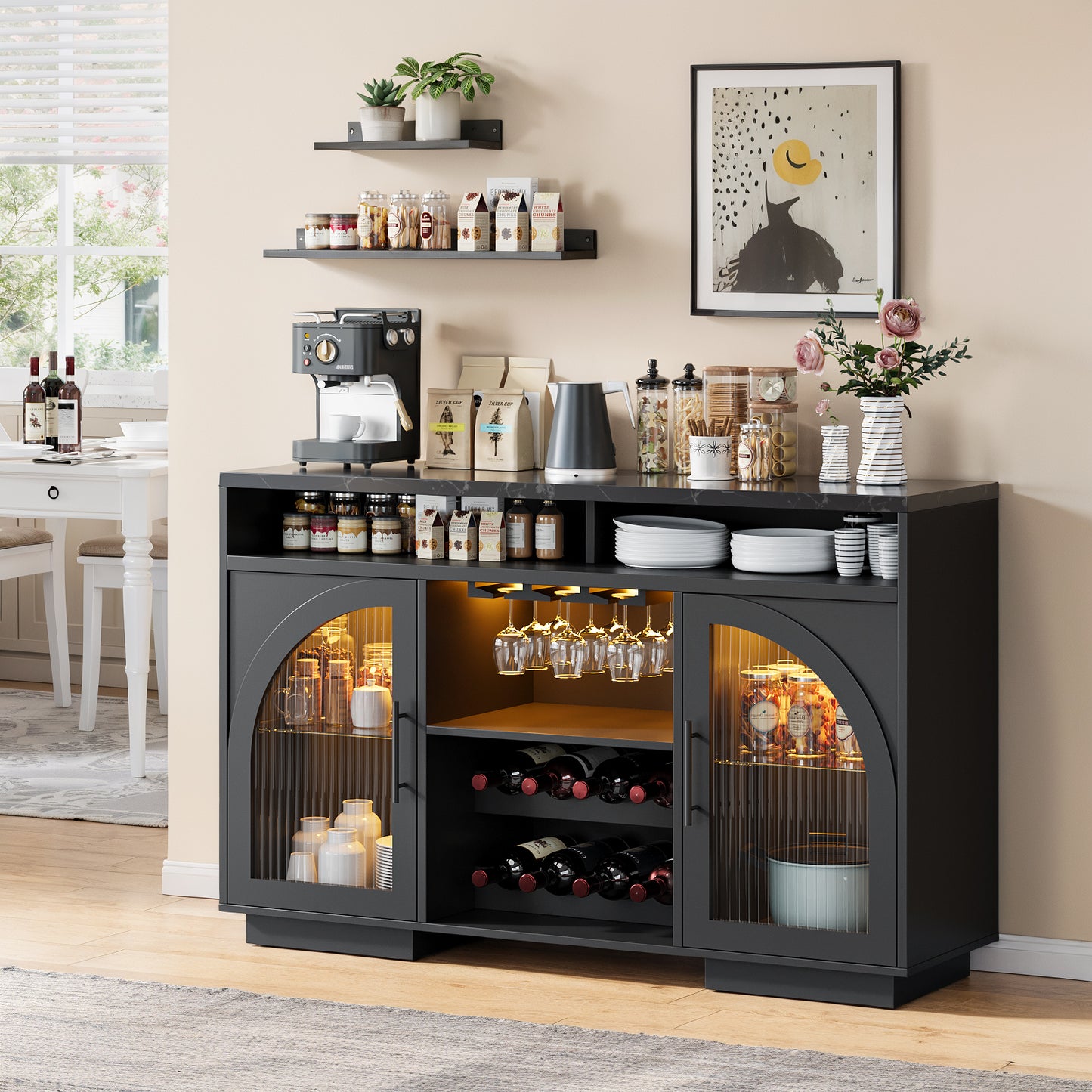SOLACE FURNITURE Sideboard Buffet Cabinet, 54" Kitchen Cabinet with LED Lights & Arched Glass Doors