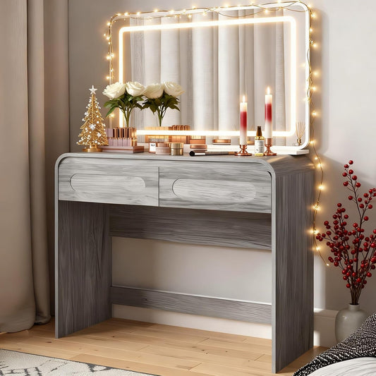 Makeup Vanity Desk with Large 37" Mirror and Lights, Vanity Desk with 2 Drawers and Storage Desktop Space