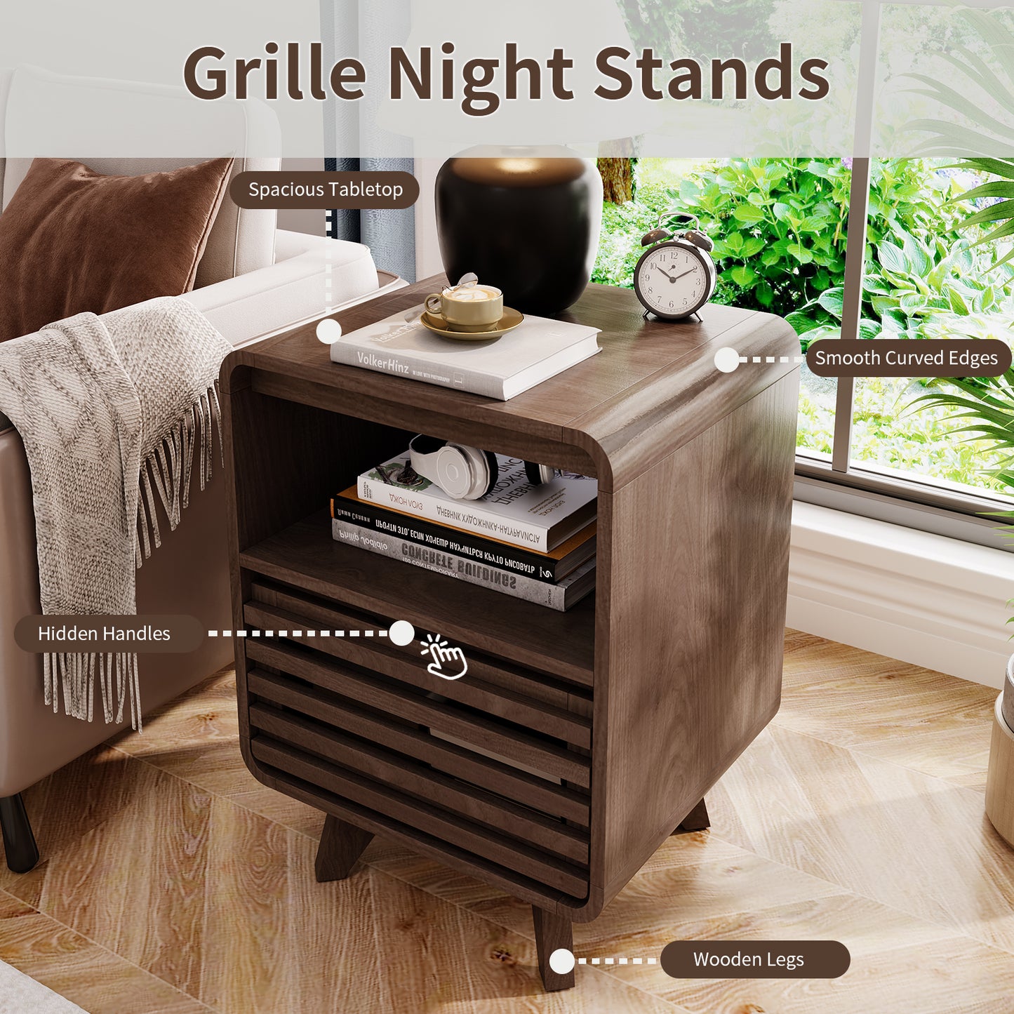 SOLACE FURNITURE Nightstand with Drawer Storage Grille Bed Side Table