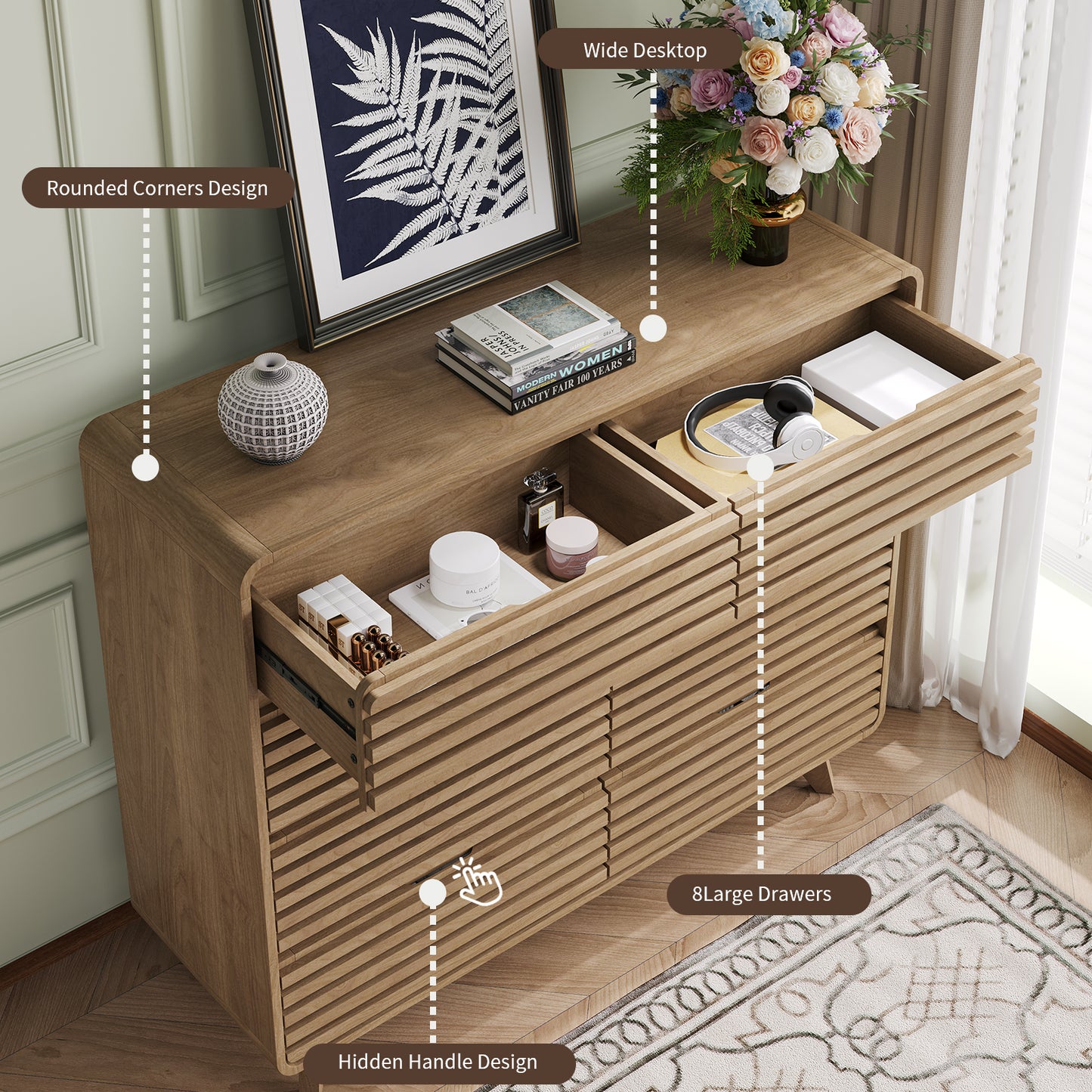 Fluted Dresser for Bedroom, Wide 8 Drawers Dresser, Chests of Drawers with Grille & Curved Design