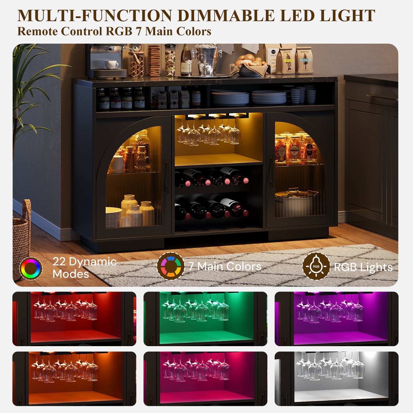 SOLACE FURNITURE Sideboard Buffet Cabinet, 54" Kitchen Cabinet with LED Lights & Arched Glass Doors