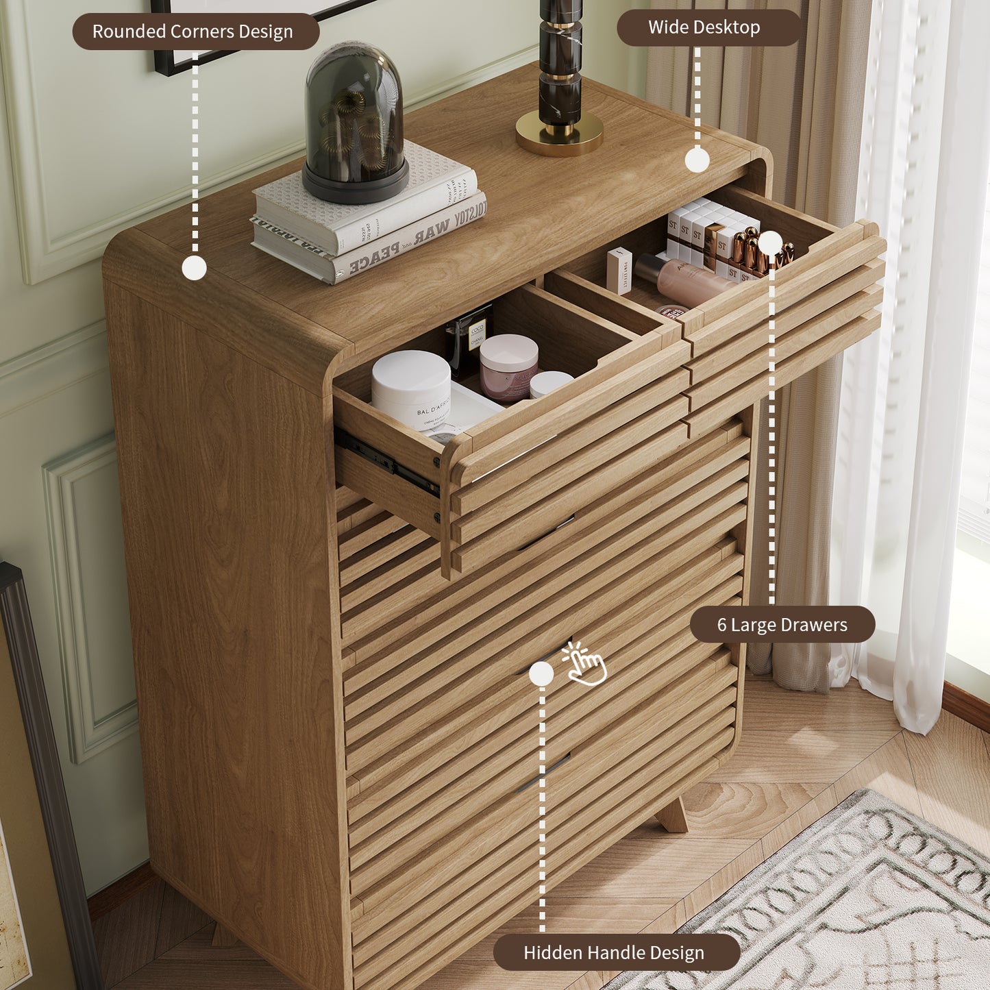 SOLACE FURNITURE Tall Dresser with 6 Drawers, Chests of Drawers with Grille & Curved Design