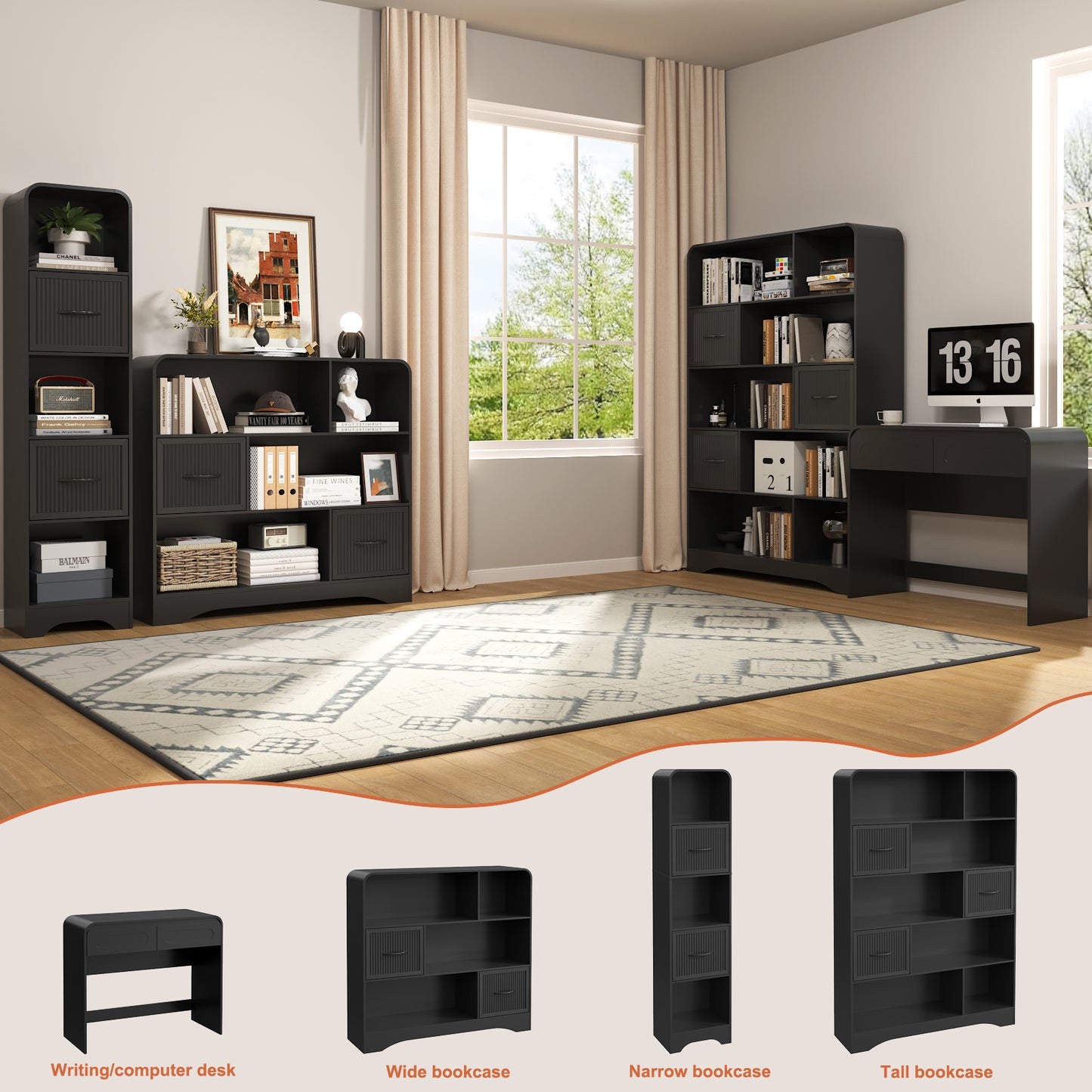 SOLACE FURNITURE 70" Modern Bookshelf with 2 Adjustable Bins, Wooden Bookcase for Office Apartment