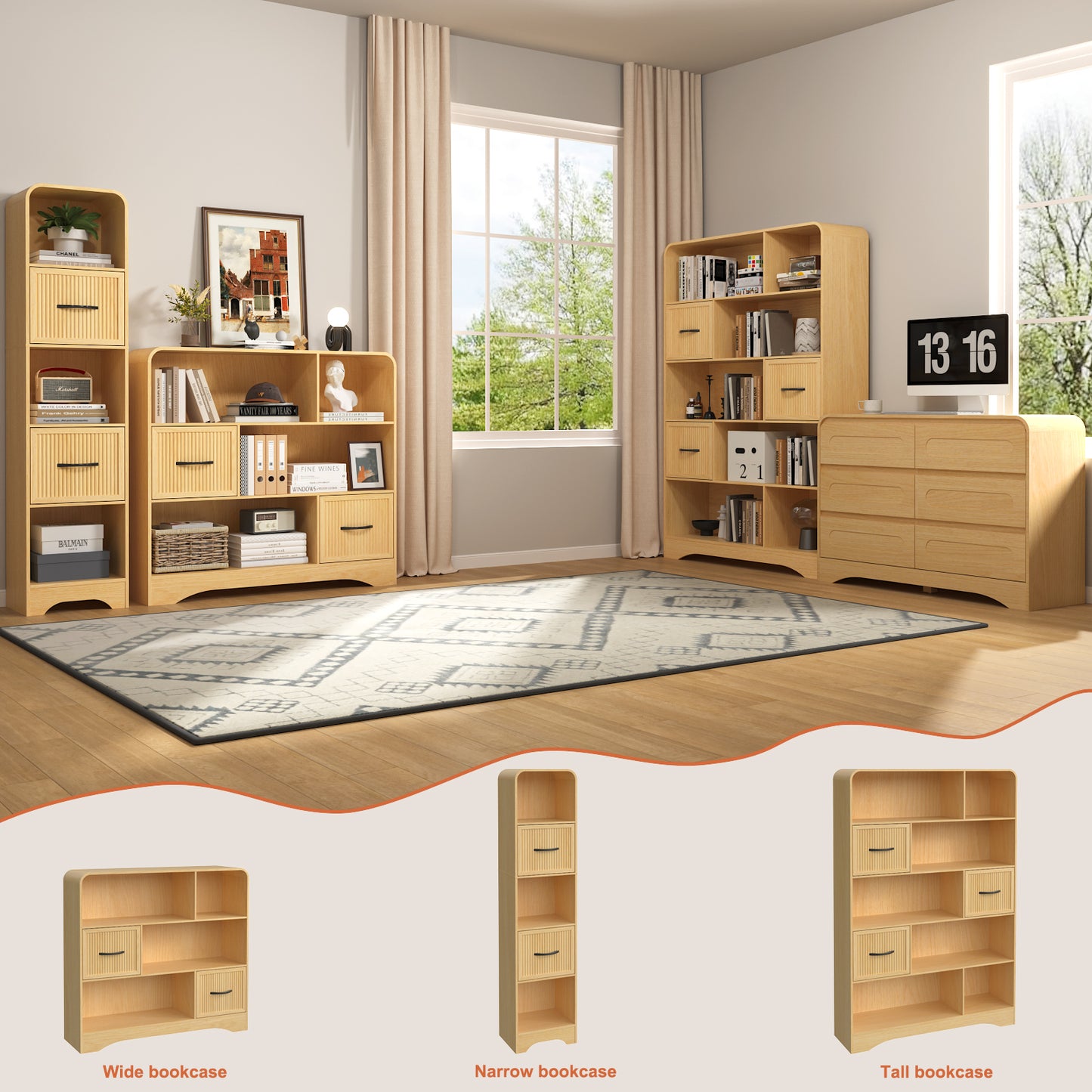 SOLACE FURNITURE 70" Modern Bookshelf with 2 Adjustable Bins, Wooden Bookcase for Office Apartment